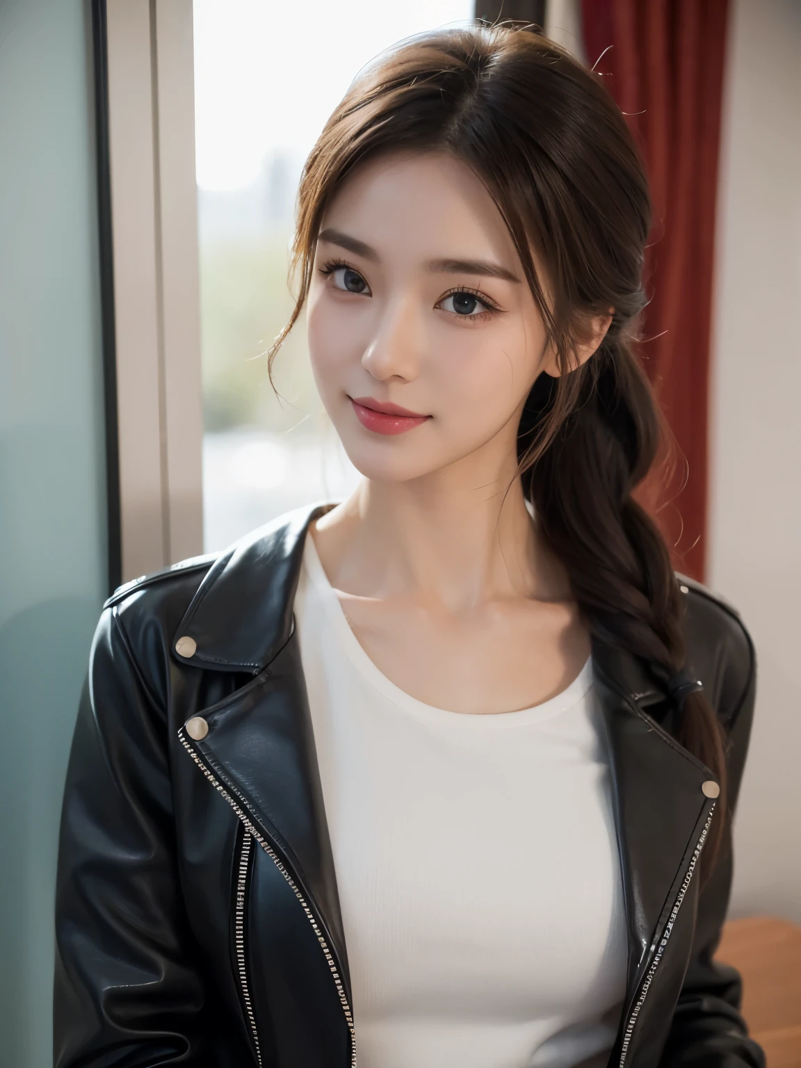 ((highest quality, 8K, masterpiece: 1.3)), 1 girl, The beauty of slim abs: 1.3, (casual hairstyle, no big breasts: 1.2), dress: 1.1, super fine face, fine eyes, double eyelid, smile, Home, black leather jacket