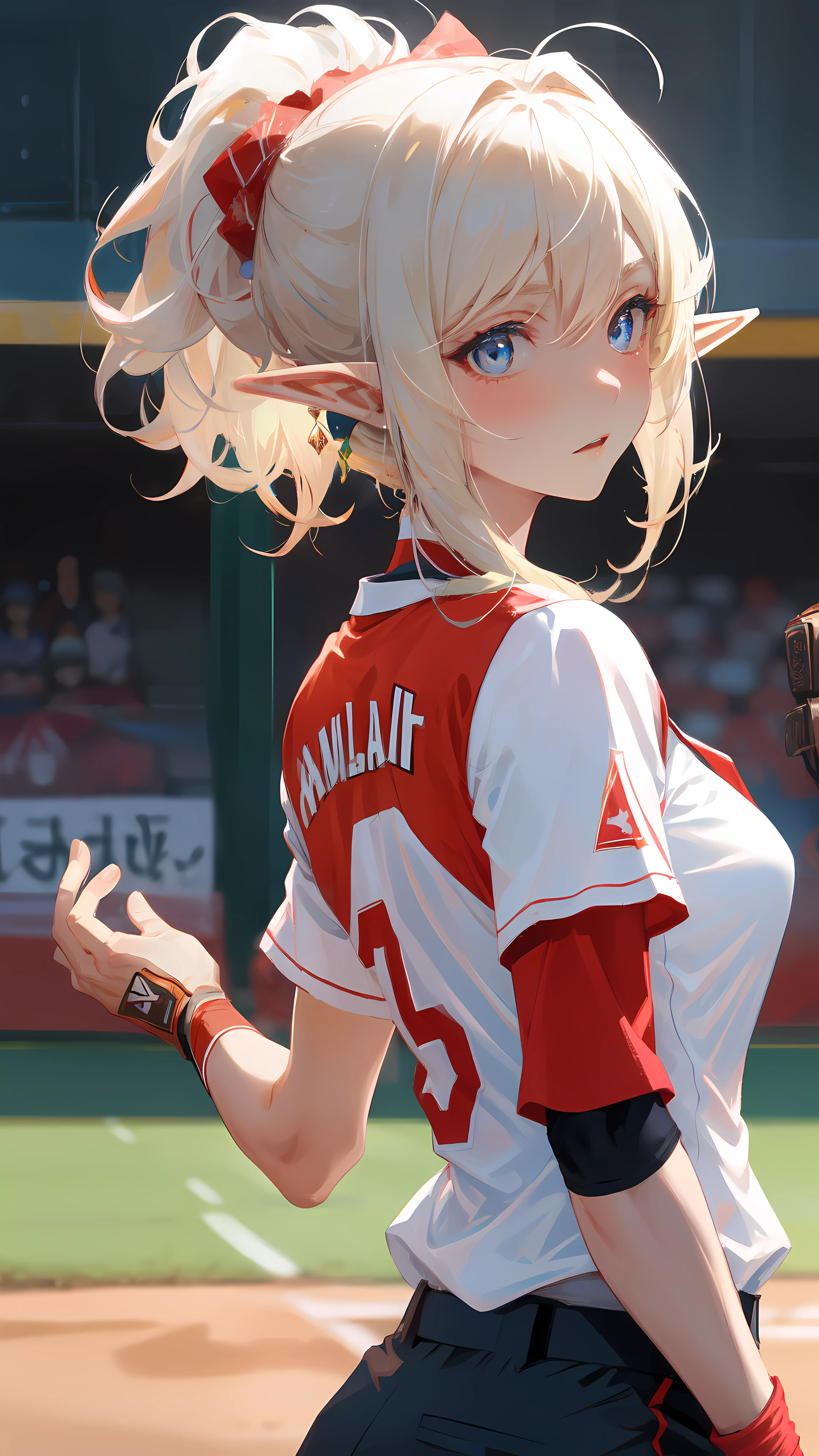 ((masterpiece)), (top quality), (best quality), ((ultra-detailed, 8k quality)), Cinematic lighting, washed colors, red and cream colors, plain background, (clear line art), absurdres, (best composition), (high-resolution), (depth of field:1.2), 
BREAK,
(1elf girl:1.5), adult, cleavage, (delicate facial features:1.3), (extremely detailed fine touch:1.3),
BREAK,
baseball, female, (base stealer :1.3), baseball field, 
BREAK,
base stealer, sliding, (glove:1.2), second baseman, confident expression, determined expression, impatient expression, joyful smile, 
BREAK,
(detailed:1.4), baseball field, base, glove, (baseball uniforms, long pants:1.2),
BREAK,
tense mood, speedy mood, dramatic mood, 
BREAK,
wide-angle lens, low angle, motion blur, contrast,
BREAK,
highly detailed of (elf), (1girl), solo, perfect face, details eye, ahoge, ponytail, white shining hair, (forehead), medium hair, [[floating hair]], blue eyes, shining eyes, (beautiful detailed eyelashes, eyeshadow, pink eyeshadow), Concept art by Mikimoto Haruhiko, by Kawacy, By Yoshitaka Amano,
BREAK, 
((perfect anatomy)), (perfect body), Abs, (medium breast), perfect hands, perfect face, beautiful face, beautiful eyes, perfect eyes, (perfect fingers, deatailed fingers), correct anatomy, perfect legs, skinny, 
