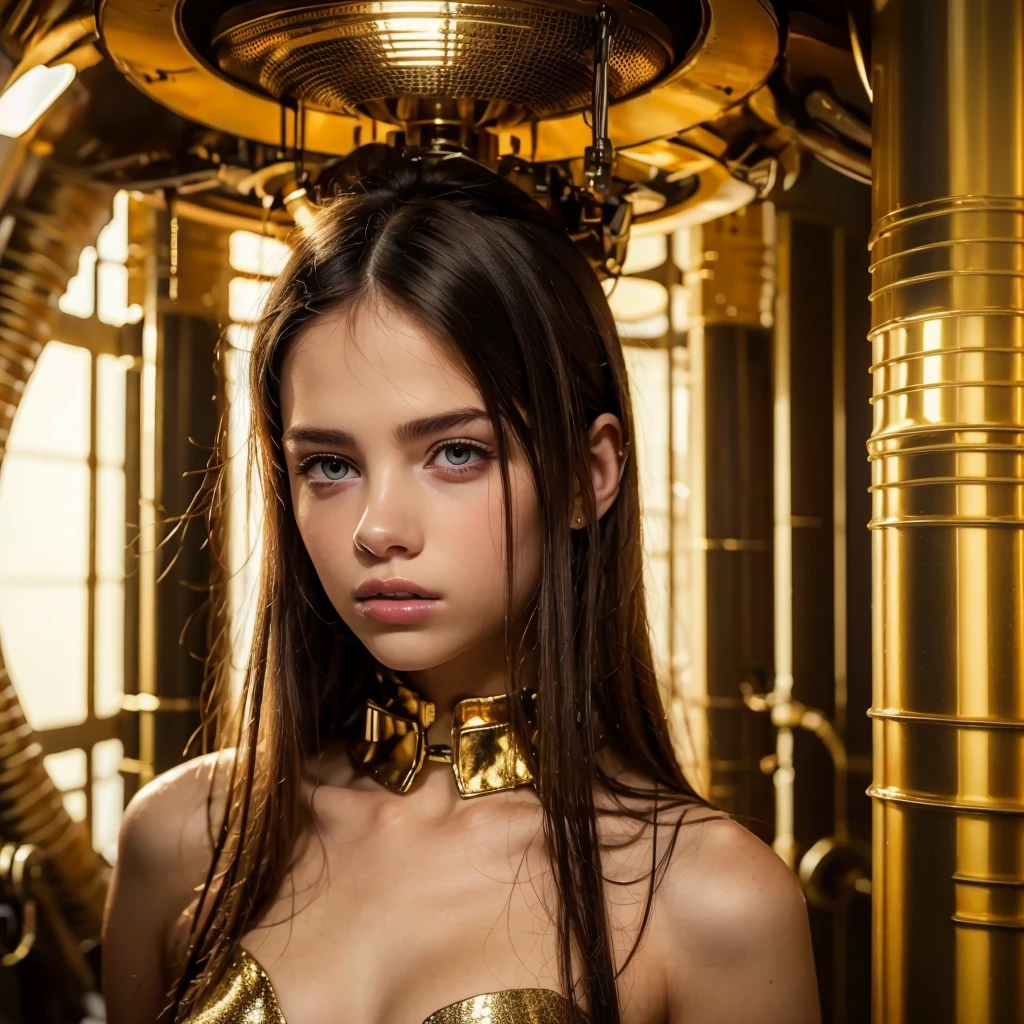 16 year old white European girl wearing a gold and black cyberpunk suit, vaultsuit with technology attached. Hi tech, cyberpunk surroundings.  ((She is inside an alien spaceship)). She is plugged into alien technology. high quality, best quality, 4k, 8k, hi resolution, very young girl, young face, cute, beautiful, . photorealistic,cinematic, dark, moody light, hyper-realistic. Make the girls likeness exactly as the selcted lora: Nadia,Young Girl,bodysuit