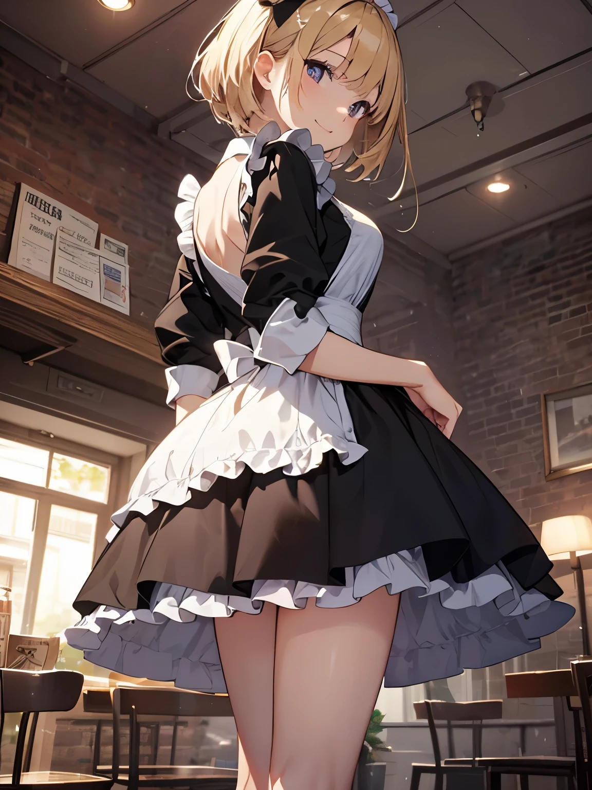 (official art、highest quality、Unity 8k wallpaper、32K、masterpiece、super detailed、超high resolution、realistic、Photoreal:1.2)、(cinematic lighting:1.2)、fire glow effect、film grain、best shadows、rim lighting、side light、(Super detailed and complex 3D rendering)、Background like Makoto Shinkai、detailed beautiful face and eyes、(Beautiful and sharp pupils)、masterpiece, high resolution、highest quality, ultla highres, maximum resolution, very detailed, professional lighting, beautiful skin, 22-year-old woman、very pretty、european cityscape、Inside the cafe、waitress、Maid clothes、work at a cafe、Maid clothes、skirt、dress lift、panties:1.2、shoes下、shoes、bright hair color、blonde、bangs、dull bangs、happy expression、the girl is looking away、The girl is looking to the side、Wide angle、zoomout、angle from below、(((Precise human body structure、Correct and accurate number of limbs、Correct and accurate number of fingers)))