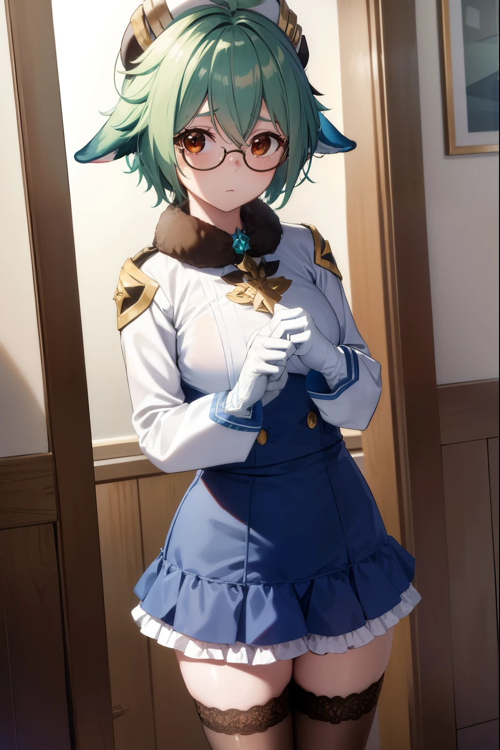 sucrose, sucrose, ahoge, animal ears, (brown eyes:1.5), glasses, gradient hair, hair between eyes, messy hair, multicolored hair, semi-rimless eyewear, short hair, green hair, embarrassed,
BREAK frills, fur collar, gem, gloves, green thighhighs, long sleeves, thighhighs, white headwear, zettai ryouiki, skirt, blue skirt,
BREAK indoors, laboratory,
BREAK looking at viewer, (cowboy shot:1.5),
BREAK (masterpiece:1.2), best quality, high resolution, unity 8k wallpaper, (illustration:0.8), (beautiful detailed eyes:1.6), extremely detailed face, perfect lighting, extremely detailed CG, (perfect hands, perfect anatomy),