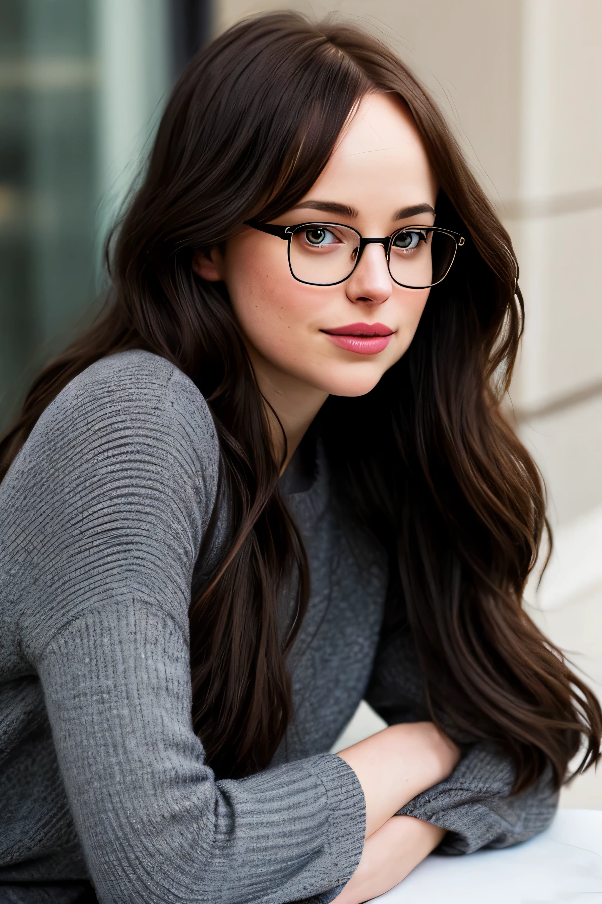 Uma foto realista de um [mulher muito bonita de 26 anos], com [longo, ondulado, Cabelo escuro], Parece [Dakota Johnson] e [Felicity Jones], vestindo [thick nerd glasses], Luz makeup, olhando [inocente, Bonitinho, corado], [Luz] pele --ar 9:16 --estilizar 750 --v 6