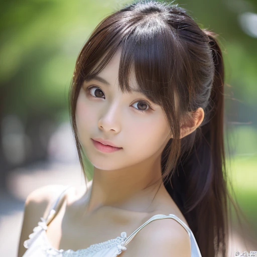 ((cute little日本の女の子、Beautiful Thai girl、1 girl in、age19、Highly detailed facial and skin texture、hyperdetailed face、ultradetailed eyes、teak、teakを塗ったピンクの頬、close-up of woman、bustup、frontage、cute little、smooth white skin、Transparent skin texture、))、(dark brown hair、bangss)、Looking at the camera、Beautiful Women in Perfect Style:1.4、Japan models、Young gravure idols、若いcute littleグラビアアイドル、Realistic Young Gravure Idol、sophisticated gravure idol、((top-quality、in 8K、masterpiece:1.3))、(4K、RAW Photography、top-quality)、(reallistic、フォトreallistic:1.37)、Place a person across the screen、natural soft light、poneyTail、upper body and head、refinement