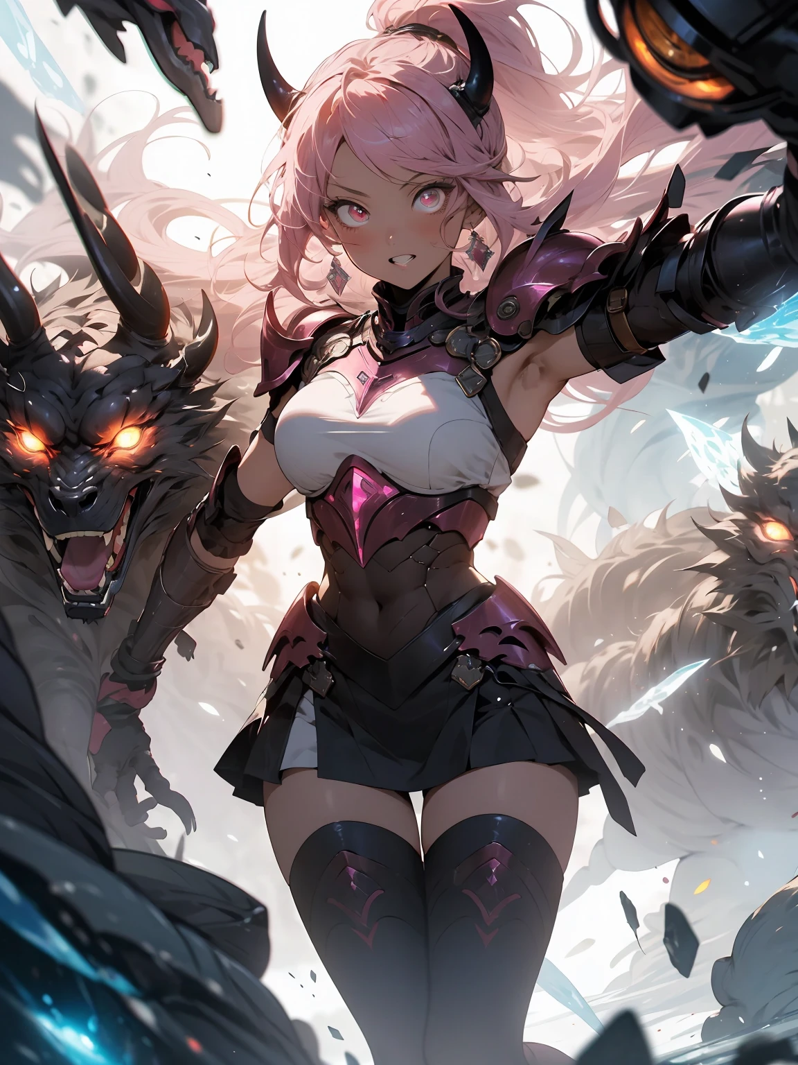 be realistic，（masterpiece，highest quality，highest quality，very detailed，fractal art，most detailed，（the background is abstract：1.5）（1 girl），Kamimei，（Pink hair ponytail），（Red eyes glow、Breasts get bigger，stunned)，crystallization，sexy、pink machine armor、tanned skin、devil&#39;s horns、Blake、berserk , (Burning White Flame:1.4),(mini skirt)
