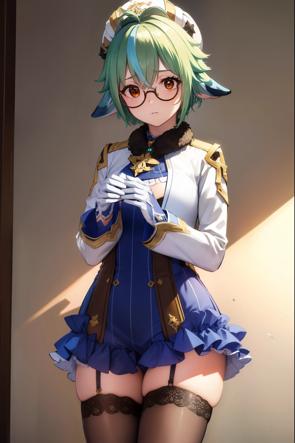 sucrose, sucrose, ahoge, animal ears, (brown eyes:1.5), glasses, gradient hair, hair between eyes, messy hair, multicolored hair, semi-rimless eyewear, short hair, green hair, embarrassed,
BREAK frills, fur collar, gem, gloves, green thighhighs, long sleeves, thighhighs, white headwear, zettai ryouiki, skirt, blue skirt,
BREAK indoors, laboratory,
BREAK looking at viewer, (cowboy shot:1.5),
BREAK (masterpiece:1.2), best quality, high resolution, unity 8k wallpaper, (illustration:0.8), (beautiful detailed eyes:1.6), extremely detailed face, perfect lighting, extremely detailed CG, (perfect hands, perfect anatomy),