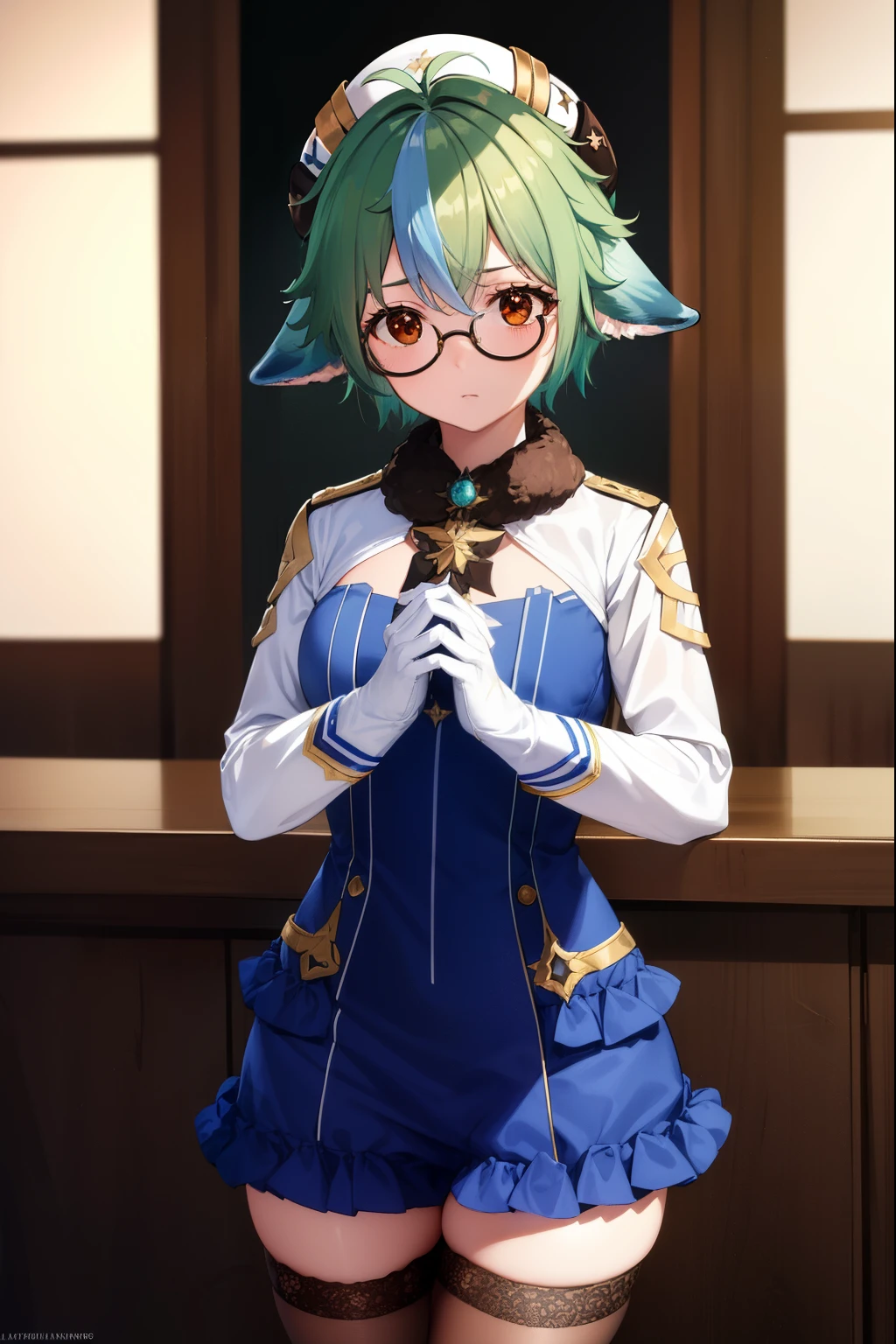 sucrose, sucrose, ahoge, animal ears, (brown eyes:1.5), glasses, gradient hair, hair between eyes, messy hair, multicolored hair, semi-rimless eyewear, short hair, green hair, embarrassed,
BREAK frills, fur collar, gem, gloves, green thighhighs, long sleeves, thighhighs, white headwear, zettai ryouiki, skirt, blue skirt,
BREAK indoors, laboratory,
BREAK looking at viewer, (cowboy shot:1.5),
BREAK (masterpiece:1.2), best quality, high resolution, unity 8k wallpaper, (illustration:0.8), (beautiful detailed eyes:1.6), extremely detailed face, perfect lighting, extremely detailed CG, (perfect hands, perfect anatomy),