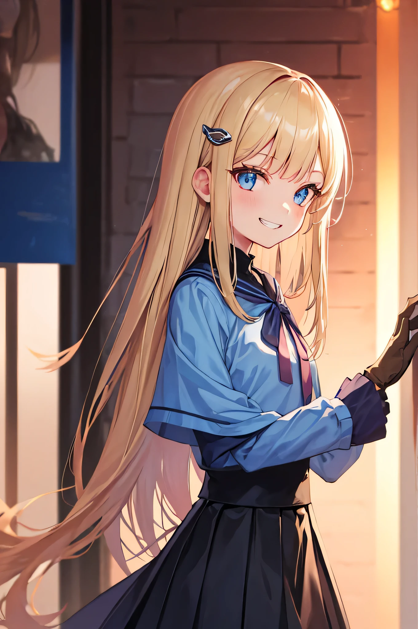 {{{{{{2D}}}}}},painting,{masterpiece},  very detailed,soft,focus on face,detailed scenery,detailed light,Delicine facial feinures, blue archiine, 1 girl, 前hair, black_gloines, blonde_hair, from_~ side, gloines, Slope, Slope_background, grin and laugh, hair_ornament, hairclip, length_hair, length_sleeines, looking for_in_iniewer, pleined_skirt, shirt, skirt, smile, 一人in, in