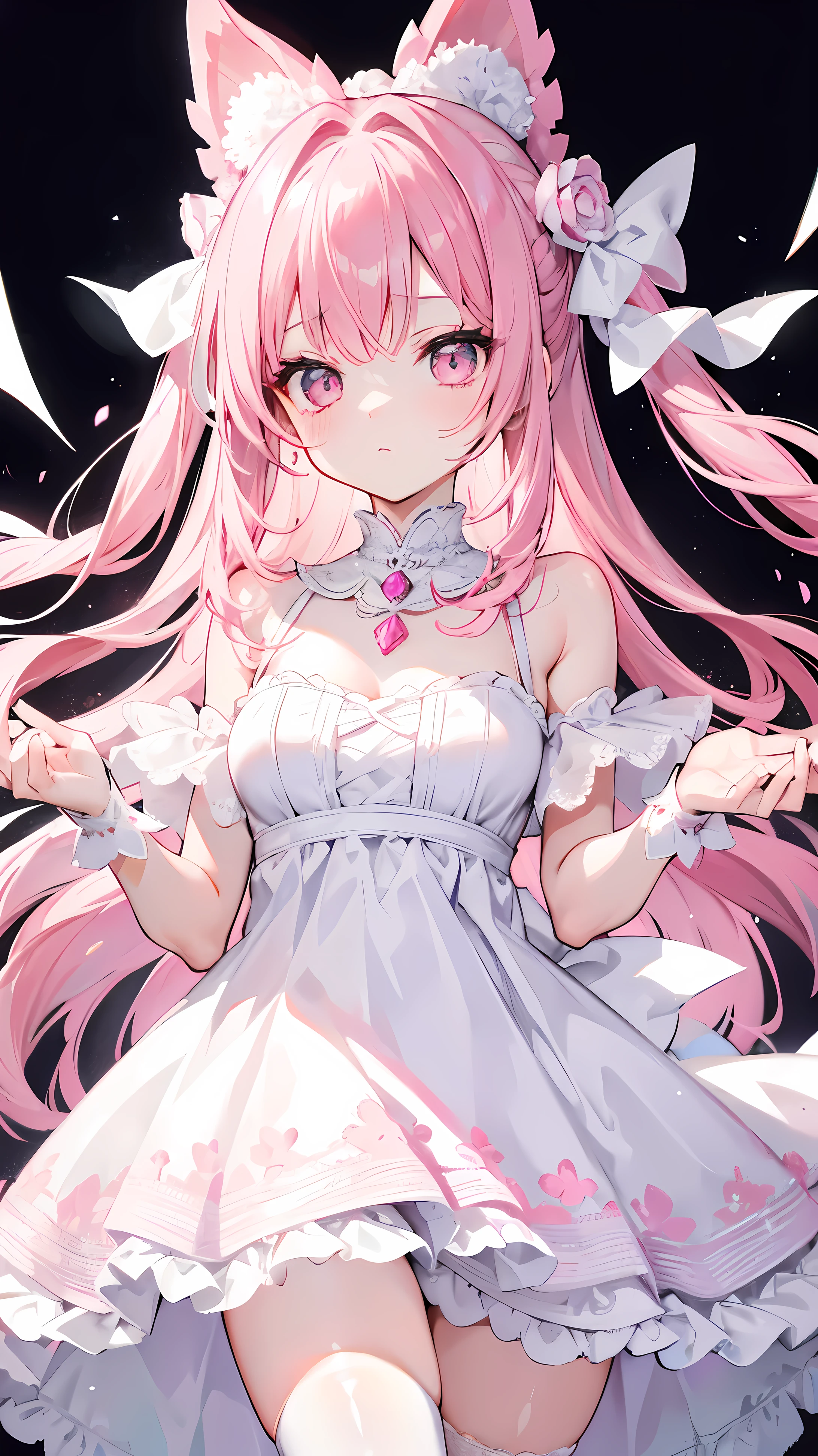 pink haired one，pupil，White and looming，A dress that resembles a wedding dress，The dress is decorated with many pink bows，Paired with a dazzling silver necklace，is a cute, Sweet and cute black stockings