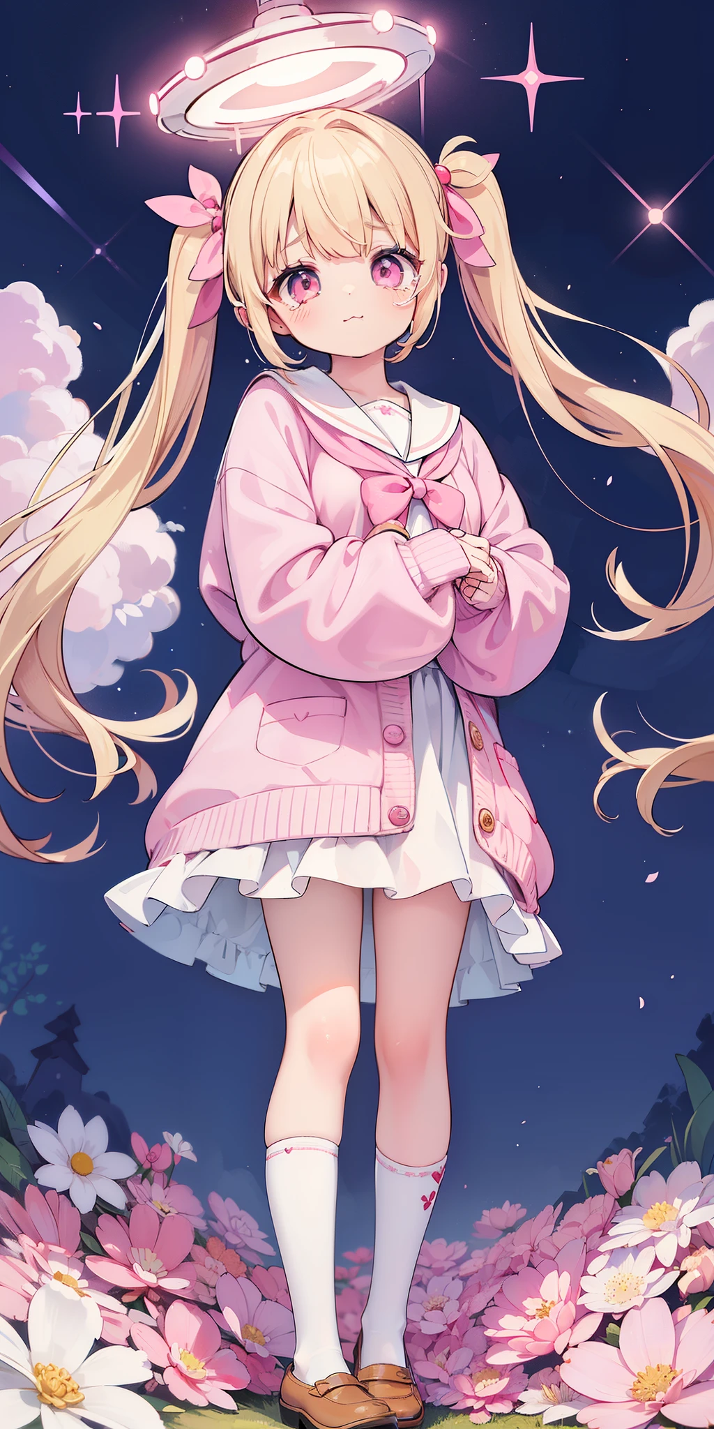 ((masterpiece, highest quality)), , 1 girl, big pink cardigan, pink sailor suit,pink mini skirt,:3, long twin tails, bangs, blonde,big white rabbit hair ornament,pink eyes,young girl,Are crying,,,small  big eyes,droopy eyes,troubled eyebrows,,loafers,White Calf Socks,Hugging a big stuffed rabbit