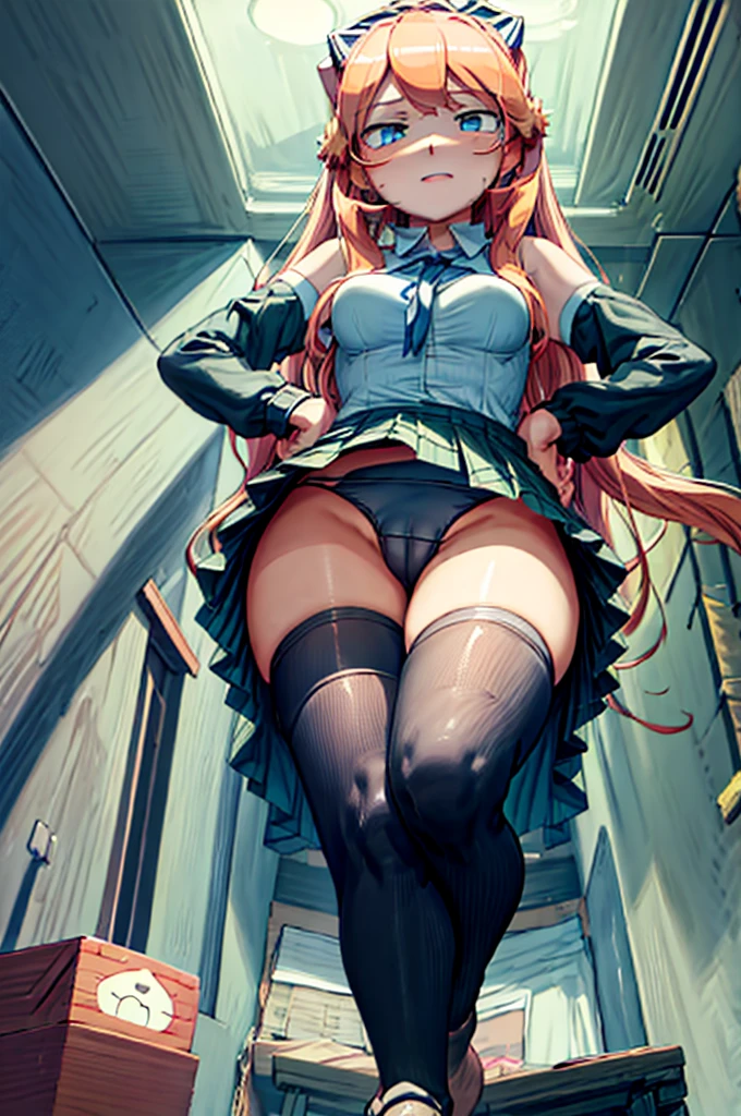 (masterpiece), best quality, expressive eyes, perfect face, Monika (From Doki Doki Literature Club), dominant, from_below, smug, FFA, from below, leg up, sole, feet, looking at viewer, gym clothes, bloomers, baggy shirt