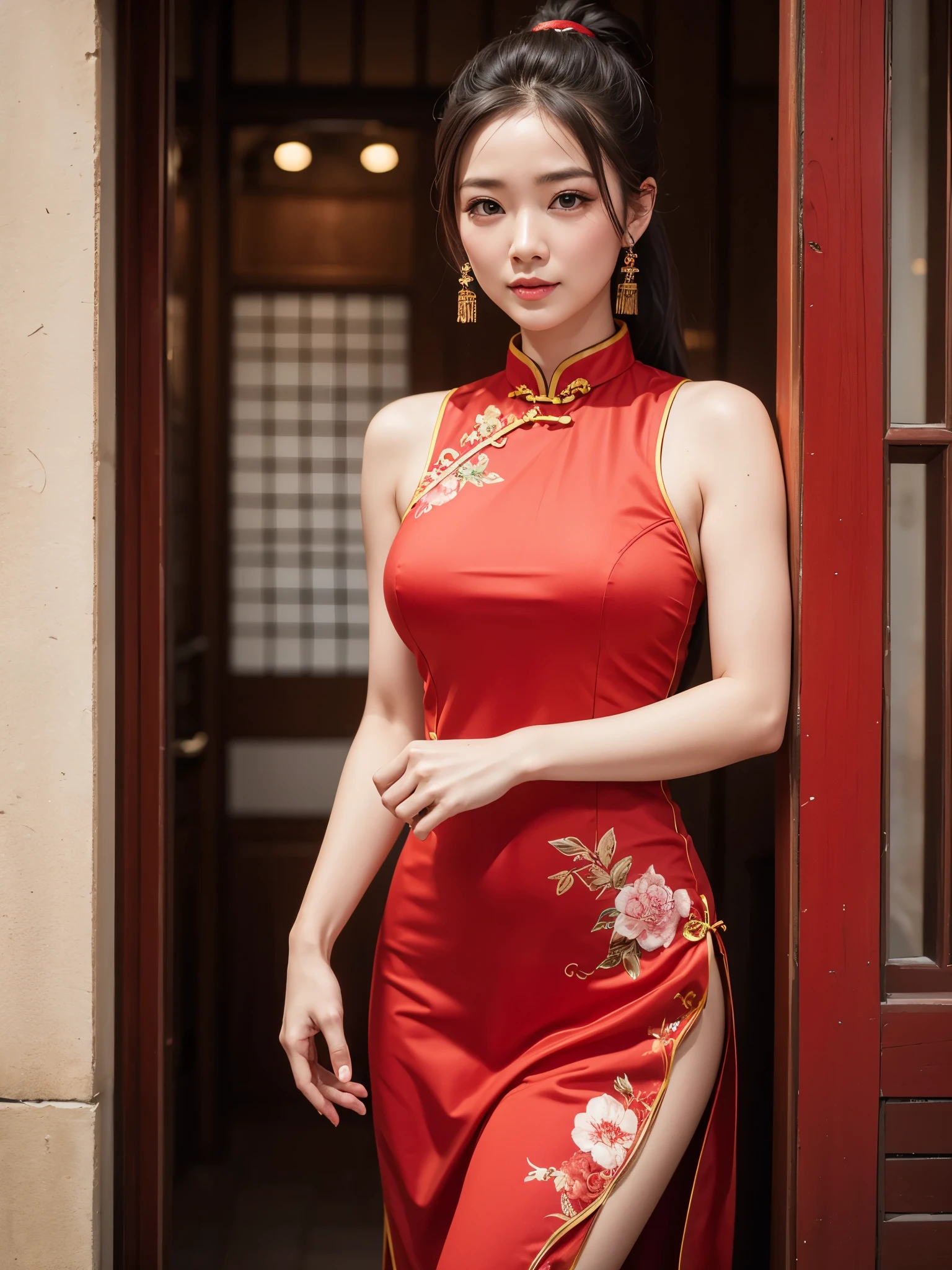 ((Best Quality, 8K, Masterpiece: 1.3)), Focus: 1.2, Wearing Traditional Chinese Costume, red Cheongsam, red Sleeveless, Split End, Full Body Photo, Standing Pose, Cafe Wall, Highly Detailed Facial and Skin Texture, Detailed Eyes, Double Eyelids, Whitened Skin, Long Ponytail