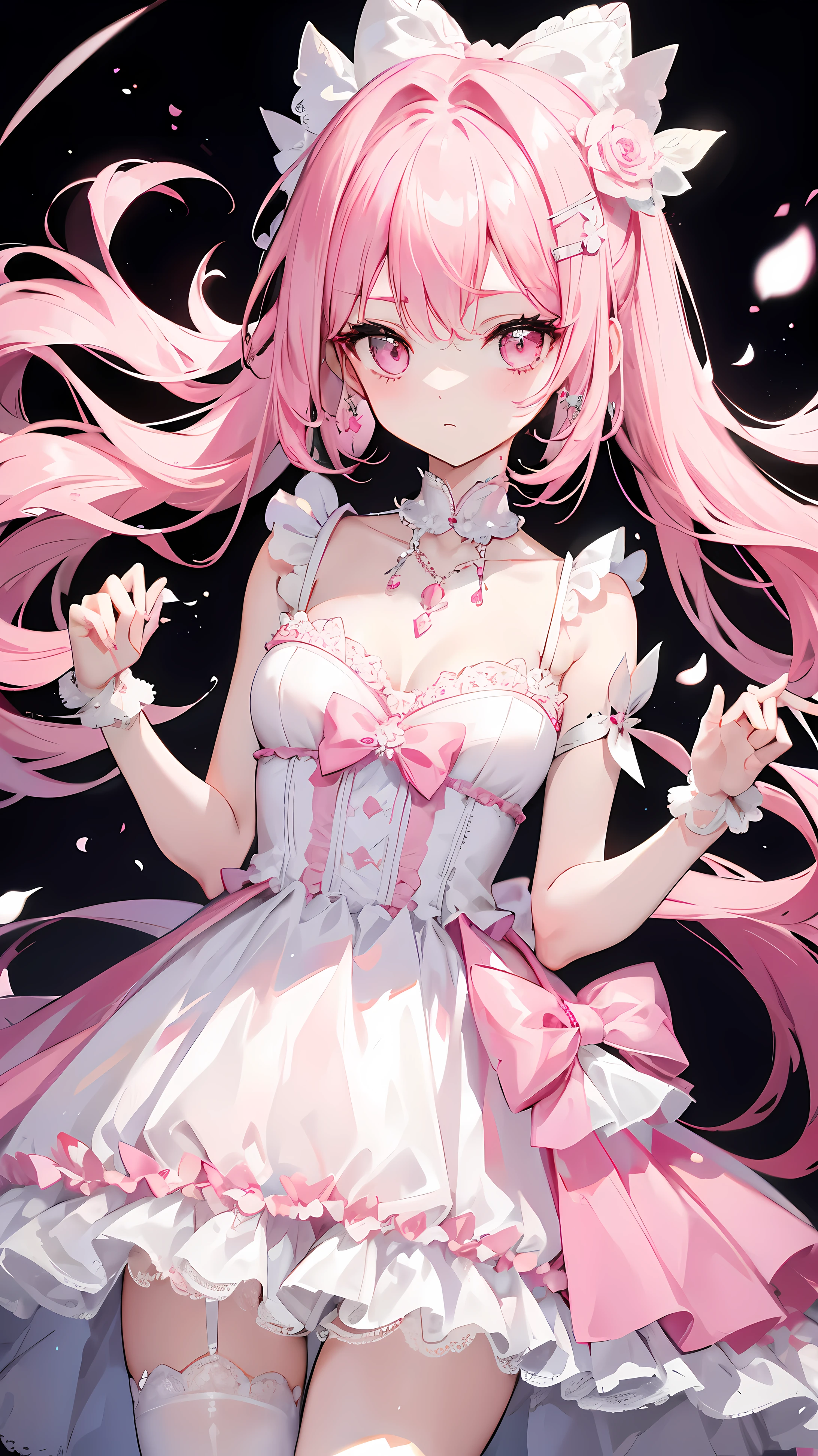 pink haired one,pupil,White and looming,A dress that resembles a wedding dress,The dress is decorated with many pink bows,Paired with a dazzling silver necklace,is a cute, Sweet and cute black stockings