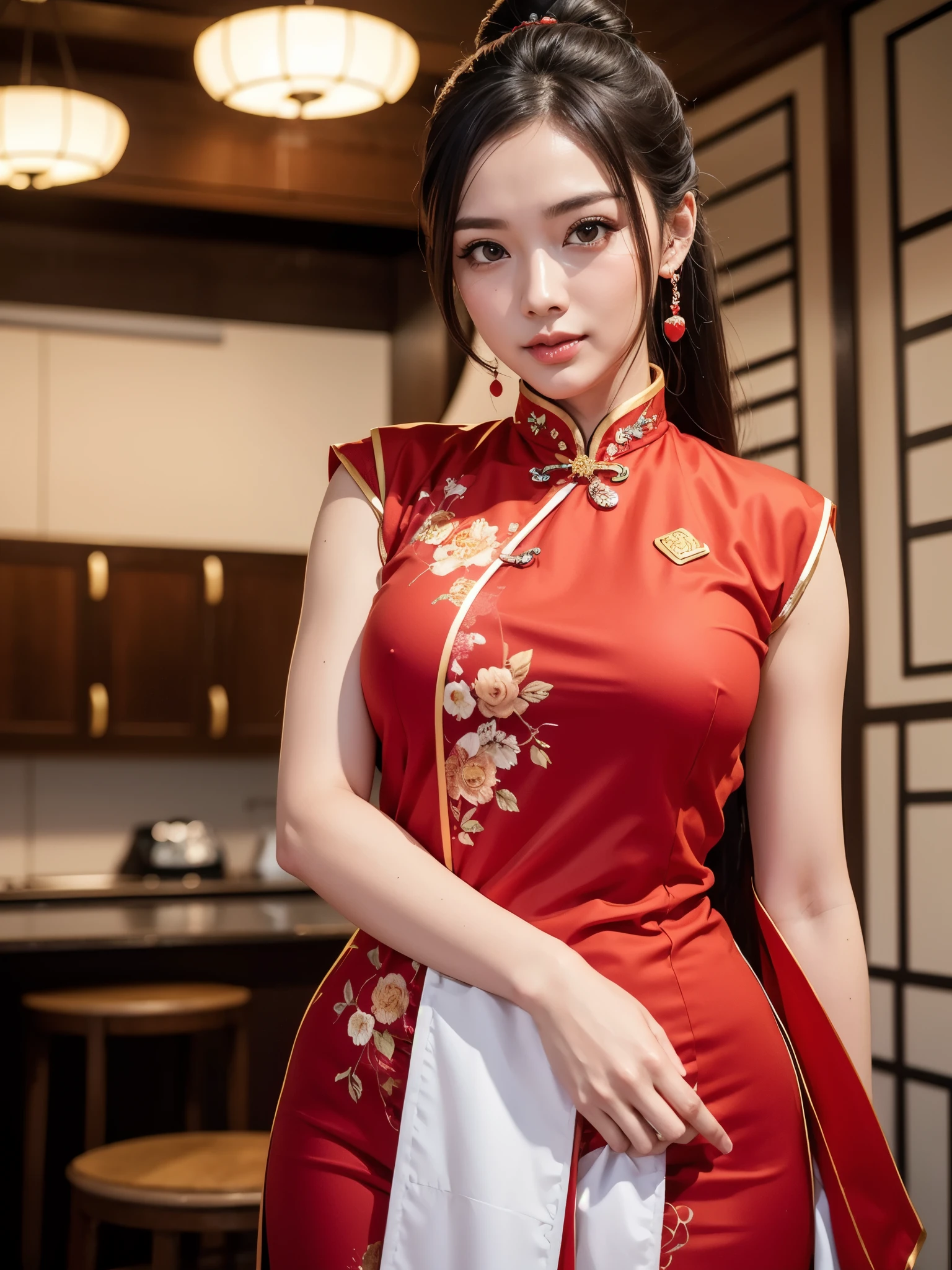 ((Best Quality, 8K, Masterpiece: 1.3)), Focus: 1.2, Wearing Traditional Chinese Costume, red Cheongsam, red Sleeveless, Split End, Full Body Photo, Standing Pose, Cafe Wall, Highly Detailed Facial and Skin Texture, Detailed Eyes, Double Eyelids, Whitened Skin, Long Ponytail