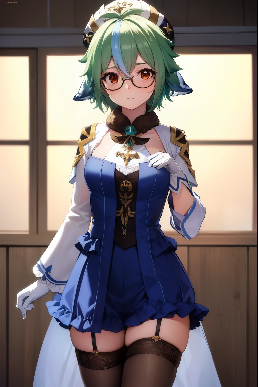 sucrose, sucrose, ahoge, animal ears, (brown eyes:1.5), glasses, gradient hair, hair between eyes, messy hair, multicolored hair, semi-rimless eyewear, short hair, green hair, embarrassed,
BREAK frills, fur collar, gem, gloves, green thighhighs, long sleeves, thighhighs, white headwear, zettai ryouiki, skirt, blue skirt,
BREAK indoors, laboratory,
BREAK looking at viewer, (cowboy shot:1.5),
BREAK (masterpiece:1.2), best quality, high resolution, unity 8k wallpaper, (illustration:0.8), (beautiful detailed eyes:1.6), extremely detailed face, perfect lighting, extremely detailed CG, (perfect hands, perfect anatomy),