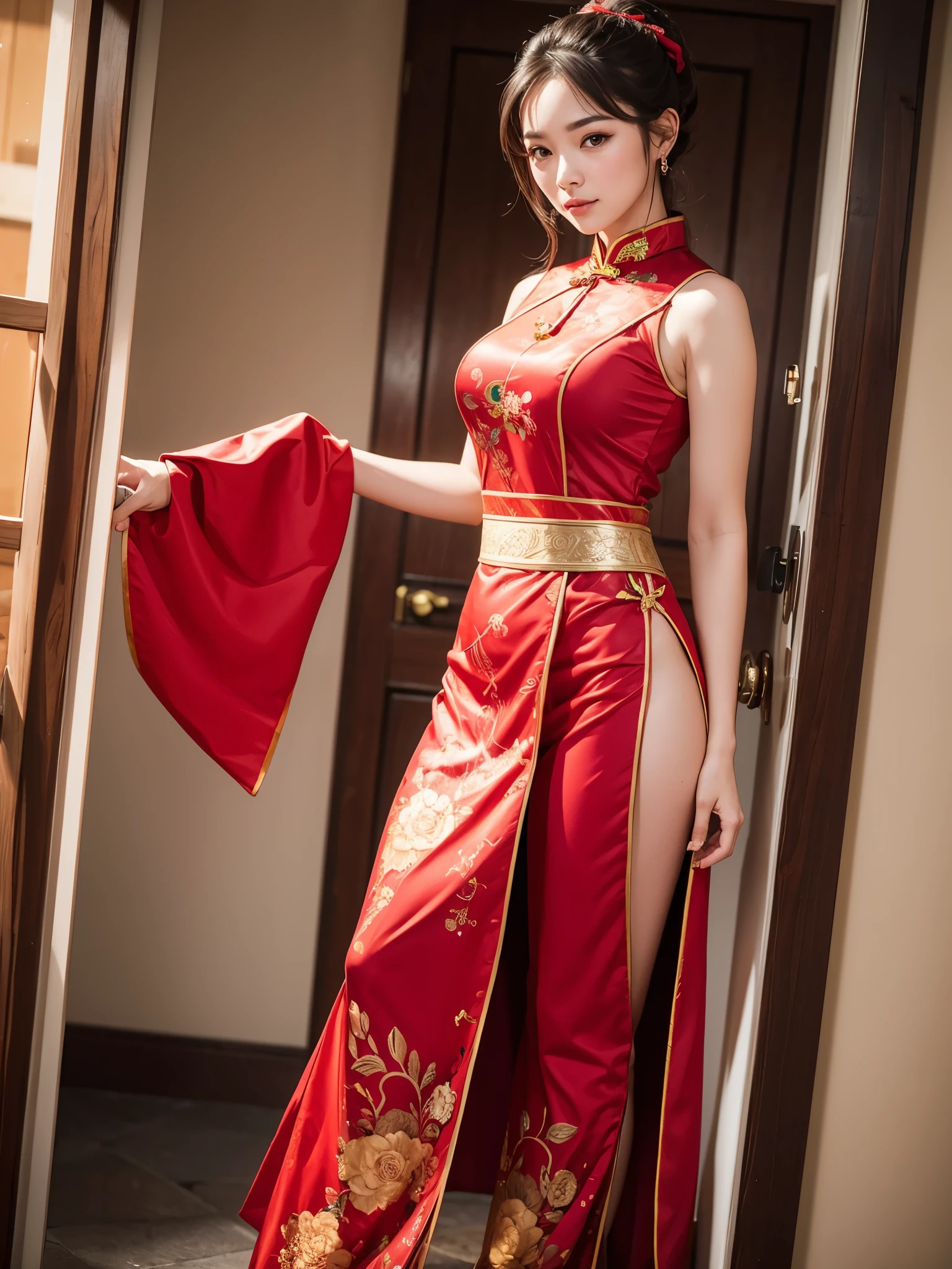 ((Best Quality, 8K, Masterpiece: 1.3)), Focus: 1.2, Wearing Traditional Chinese Costume, red Cheongsam, red Sleeveless, Split End, Full Body Photo, Standing Pose, Cafe Wall, Highly Detailed Facial and Skin Texture, Detailed Eyes, Double Eyelids, Whitened Skin, Long Ponytail