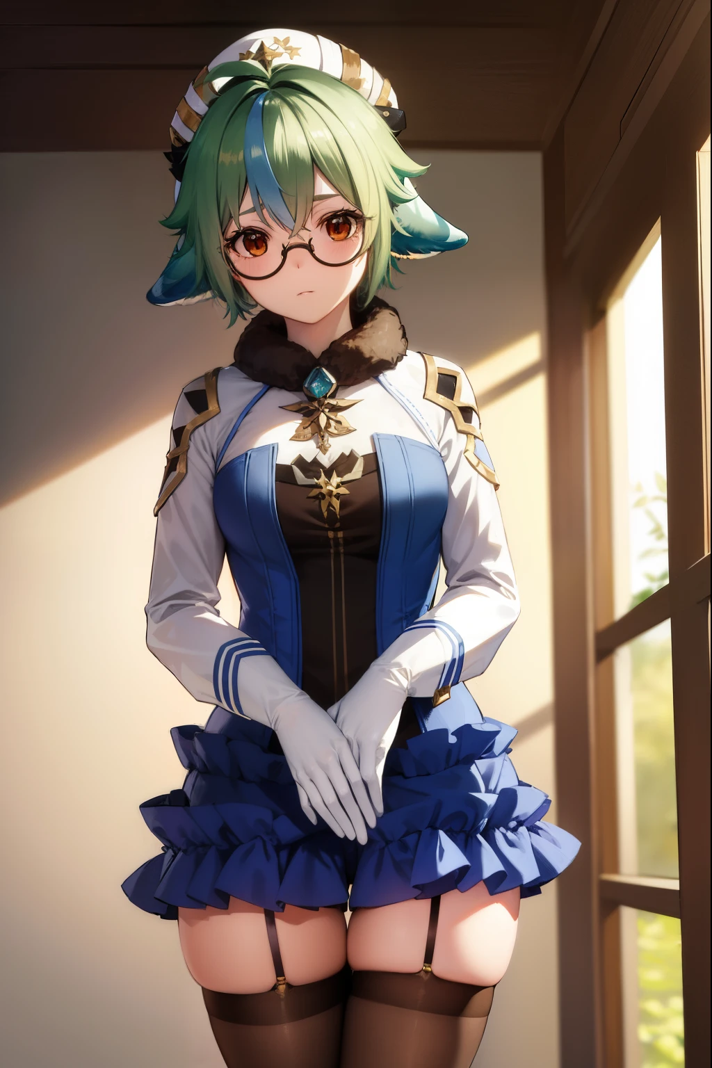 sucrose, sucrose, ahoge, animal ears, (brown eyes:1.5), glasses, gradient hair, hair between eyes, messy hair, multicolored hair, semi-rimless eyewear, short hair, green hair, embarrassed,
BREAK frills, fur collar, gem, gloves, green thighhighs, long sleeves, thighhighs, white headwear, zettai ryouiki, skirt, blue skirt,
BREAK indoors, laboratory,
BREAK looking at viewer, (cowboy shot:1.5),
BREAK (masterpiece:1.2), best quality, high resolution, unity 8k wallpaper, (illustration:0.8), (beautiful detailed eyes:1.6), extremely detailed face, perfect lighting, extremely detailed CG, (perfect hands, perfect anatomy),