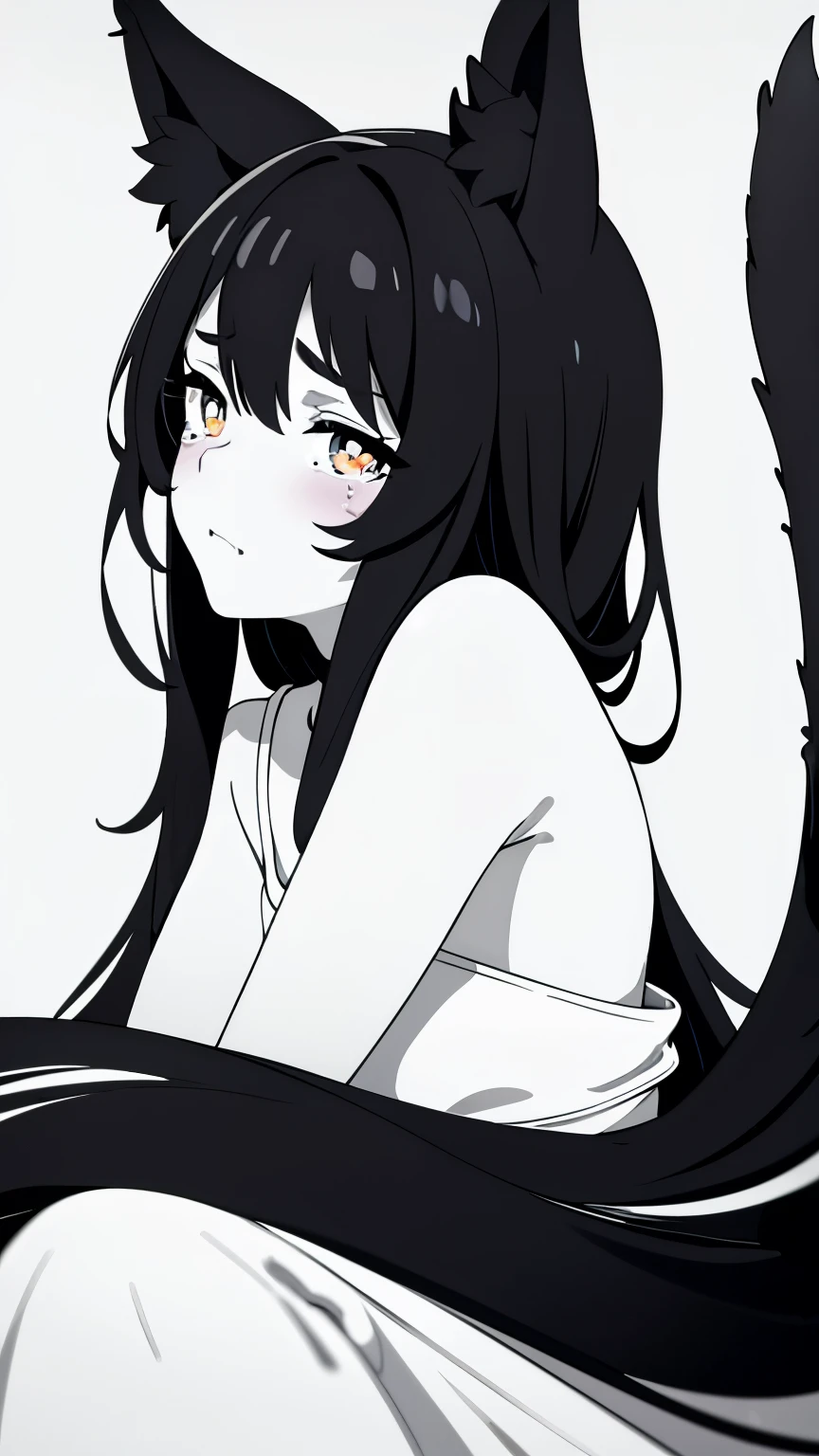 masterpiece,best quality,animal ears,Different pupils,tears mark,Pick dyeing,Tail,black and white,Hidden color