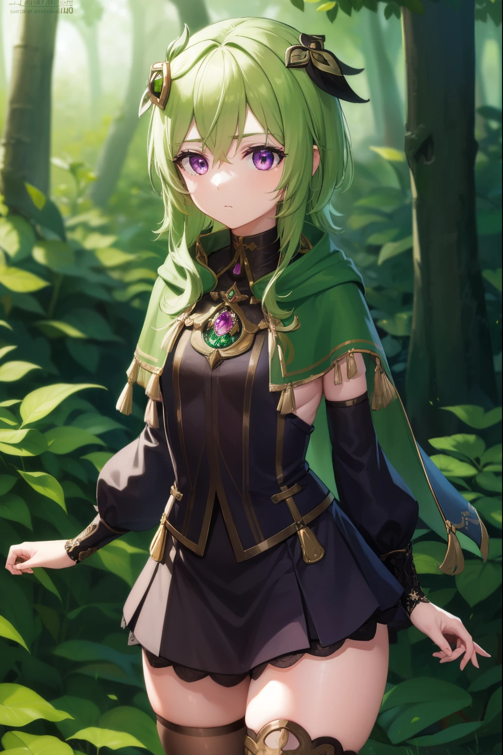 collei, collei, crossed bangs, green hair, hair ornament, medium hair, (purple eyes:1.1), sidelocks,
BREAK black gloves, black skirt, black straps, bridal gauntlets, brown thighhighs, capelet, detached sleeves, gem, gloves, green capelet, green gemstone, jewelry, long sleeves, puffy long sleeves, puffy sleeves, shirt, skirt, sleeveless, sleeveless shirt, thighhighs, zettai ryouiki
BREAK outdoors, nature, forest,
BREAK looking at viewer, (cowboy shot:1.5),
BREAK (masterpiece:1.2), best quality, high resolution, unity 8k wallpaper, (illustration:0.8), (beautiful detailed eyes:1.6), extremely detailed face, perfect lighting, extremely detailed CG, (perfect hands, perfect anatomy),