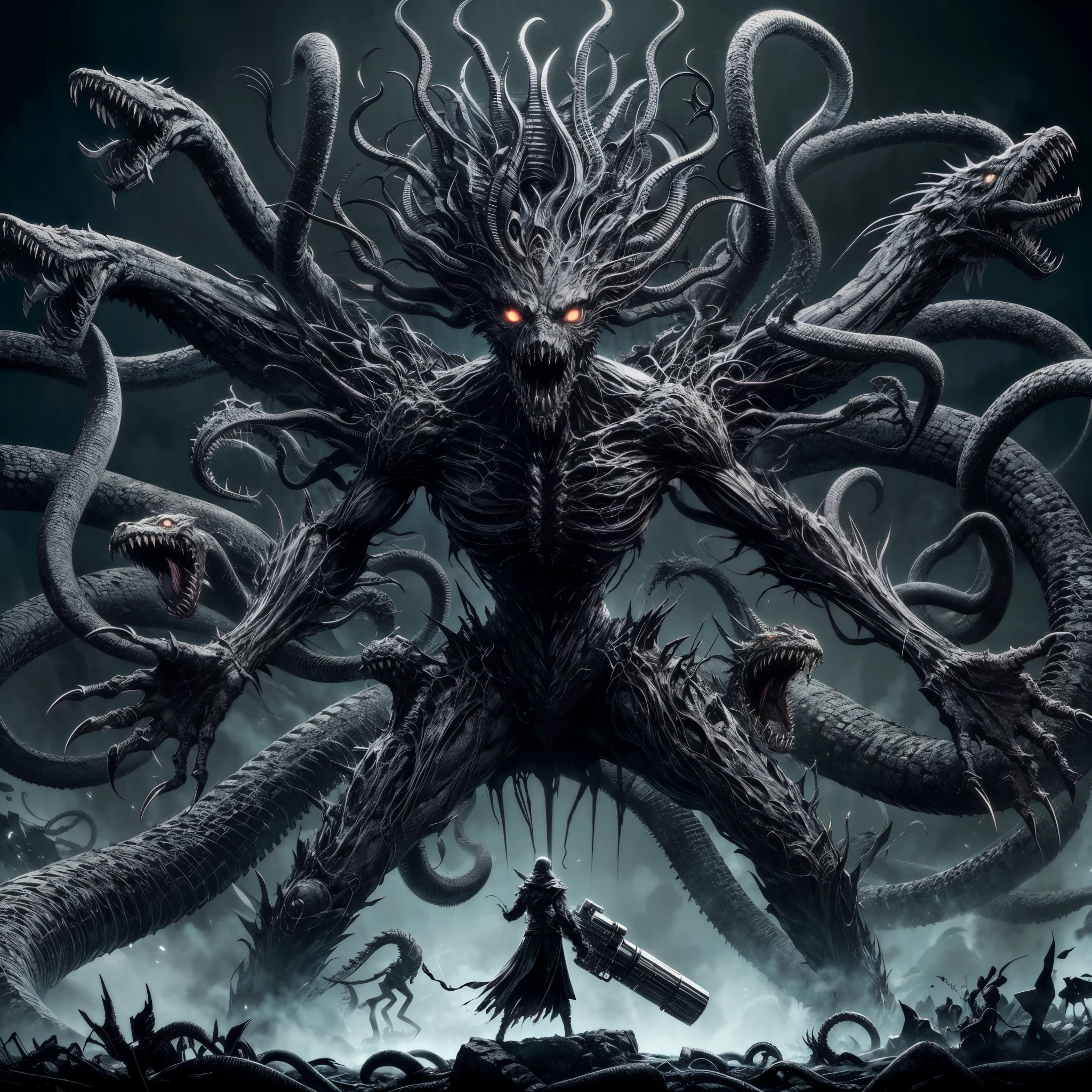 dark soul boss, Elden Ring style, HP.lovecraft,a terrific creature, an eldritch abomination, lots of long thick tentacles, countless mouth with sharp teeth, colossal shape, lots of glowing eyes,spike, scales,claws, chimera,horn, horror,wings,all combine together in the shape of a tall thin humanoid with snakes came from back, dark color, black energy mist,aura of death, all black, white eye snakes, holding a giant futuristic laser canon