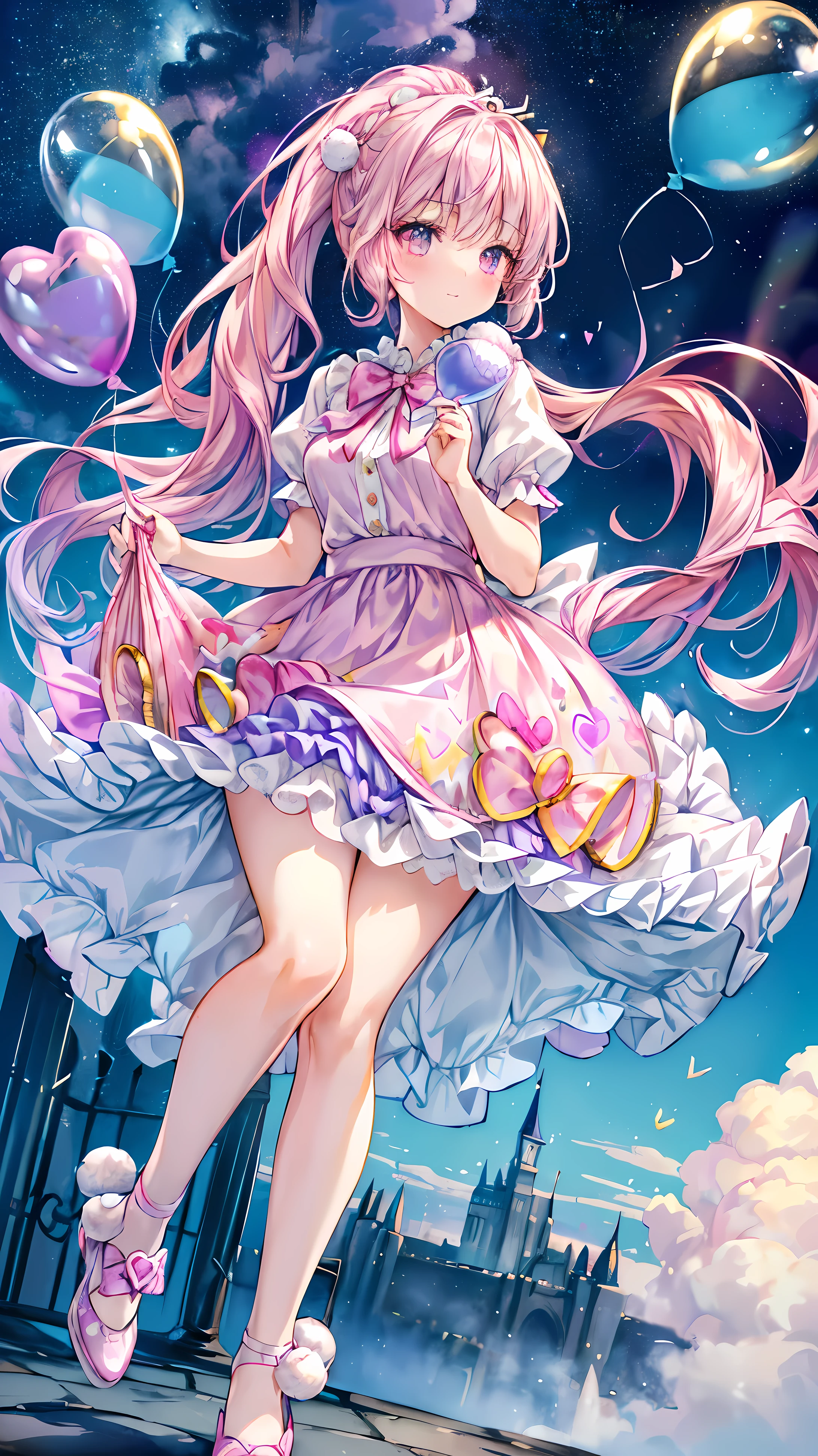 (whole body, legs and shoe visible: 1.2)) expressive eyes, 1 girl, pale skin, long hair, The wind blows the hair, ((absurdly long hair)), Long-sided locks, hime bangs, Hairline, OK, ((Very long double ponytail)), rainbow colored hair, light pink hair, blush, full face blush, big sparkling lilac colors eyes, (gradient eyes), Open your mouth and smile, charming pose, ((holding balloons : 1.3))
((charming and pastel fashion)) ((🦄🎠🎈🎉 theme : 1.4)) A flowy soft dress, ((Fantasy colorful open dress)), (Floating ribbons), lavender ruffles, Pink ruffles, (Light blue lace), detached short sleeves, Puffy skirt,White silk pantyhose ((Rainbow and star print skirt : 1.3)), Lolita skirt, Purple bow, ((Pompom ribbon hair ornament : 1.4)), Multi-bow, striped lace stockings, (Heart形腿吊袜带), charming (lilac colors) shoe ((Super detailed clothing and fashion)) looking at you, Vintage girl, blush, (beautiful and delicate eyes), (Extremely detailed CG unified 8k wallpaper) (最OK影子), ((extremely delicate and beautiful)), (Detail lights), ((depth of field)) Big head, sparkling big eyes, Lovely, splash art, Cinema lighting, Front view, Volumetric Illumination Maximized Photo Illustration k Resolution High Resolution Complex Detail Complex Critical Vision Precise Linear
((Against the backdrop of a dreamy soft sky, Surrounded by sunset clouds, meteor, castle in the clouds)) ((Super detailed scenery, Fog clouds, suspended by balloons, Heart : 1.3))