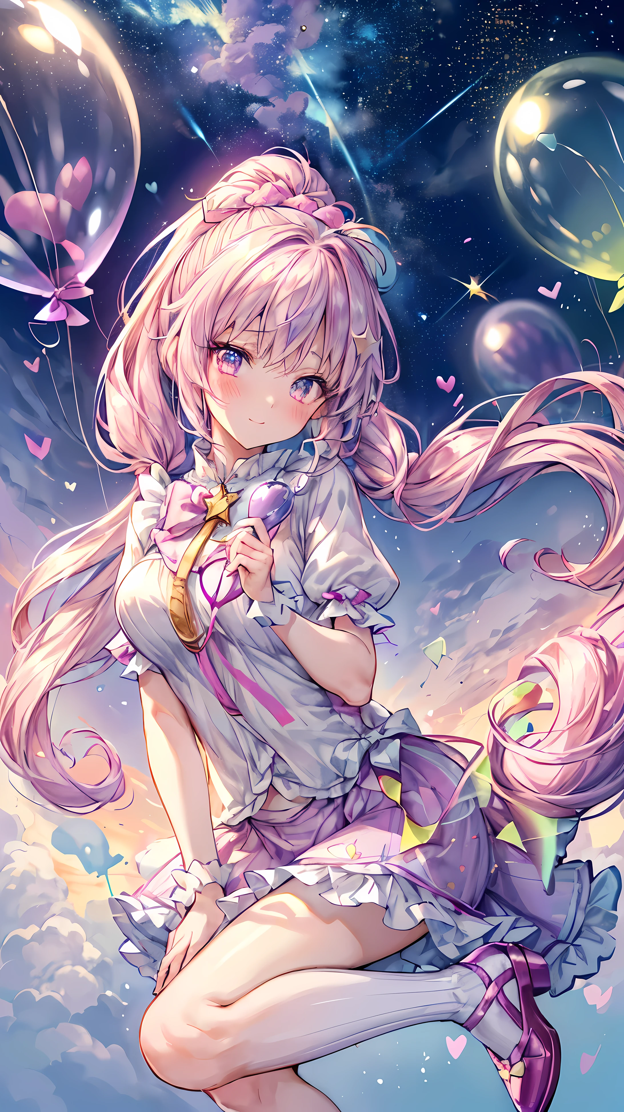 (whole body, legs and shoe visible: 1.2)) expressive eyes, 1 girl, pale skin, long hair, The wind blows the hair, ((absurdly long hair)), Long-sided locks, hime bangs, Hairline, OK, ((Very long double ponytail)), rainbow colored hair, light pink hair, blush, full face blush, big sparkling lilac colors eyes, (gradient eyes), Open your mouth and smile, charming pose, ((holding balloons : 1.3))
((charming and pastel fashion)) ((🦄🎠🎈🎉 theme : 1.4)) A flowy soft dress, ((Fantasy colorful open dress)), (Floating ribbons), lavender ruffles, Pink ruffles, (Light blue lace), detached short sleeves, Puffy skirt,White silk pantyhose ((Rainbow and star print skirt : 1.3)), Lolita skirt, Purple bow, ((Pompom ribbon hair ornament : 1.4)), Multi-bow, striped lace stockings, (Heart形腿吊袜带), charming (lilac colors) shoe ((Super detailed clothing and fashion)) looking at you, Vintage girl, blush, (beautiful and delicate eyes), (Extremely detailed CG unified 8k wallpaper) (最OK影子), ((extremely delicate and beautiful)), (Detail lights), ((depth of field)) Big head, sparkling big eyes, Lovely, splash art, Cinema lighting, Front view, Volumetric Illumination Maximized Photo Illustration k Resolution High Resolution Complex Detail Complex Critical Vision Precise Linear
((Against the backdrop of a dreamy soft sky, Surrounded by sunset clouds, meteor, castle in the clouds)) ((Super detailed scenery, Fog clouds, suspended by balloons, Heart : 1.3))