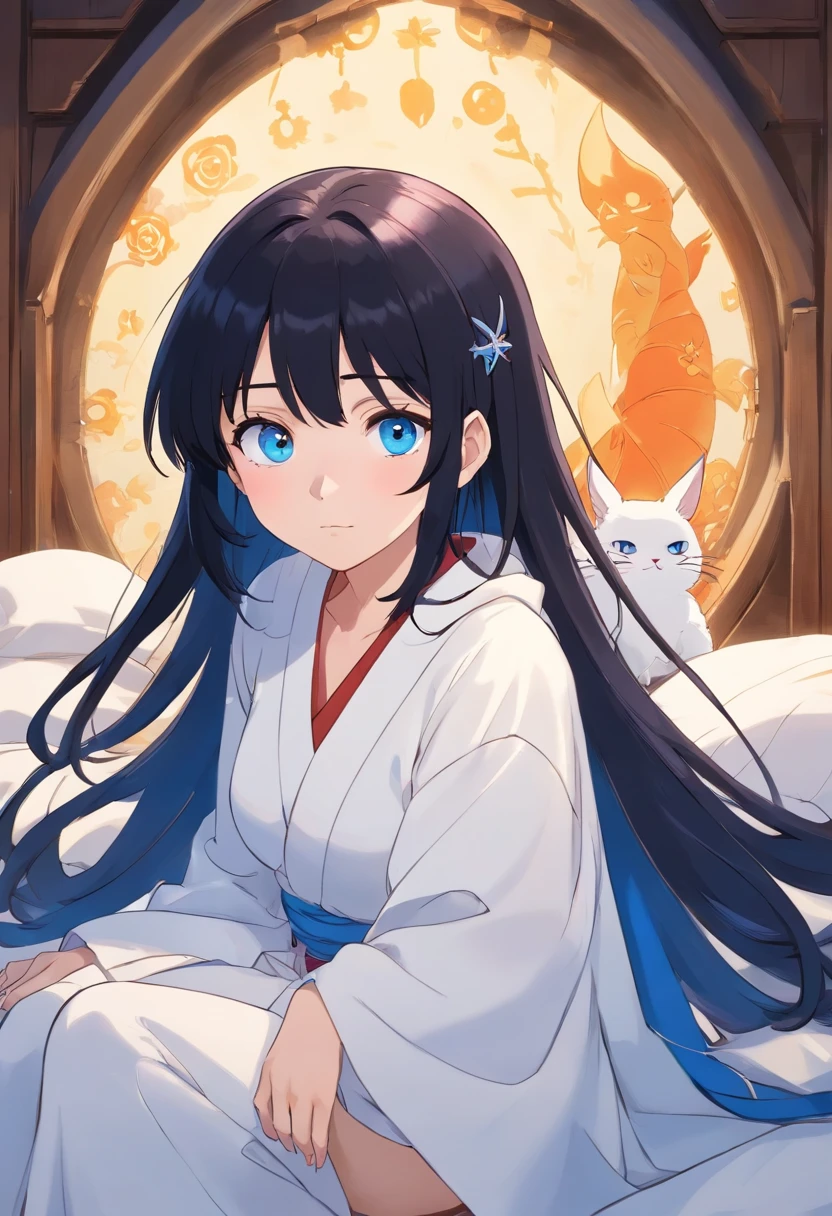 Not an old witch，Lying in bed，Black hair and blue eyes，White robe with high openings on the sides，Expose your legs，White skin，Powerless，Tears in my eyes