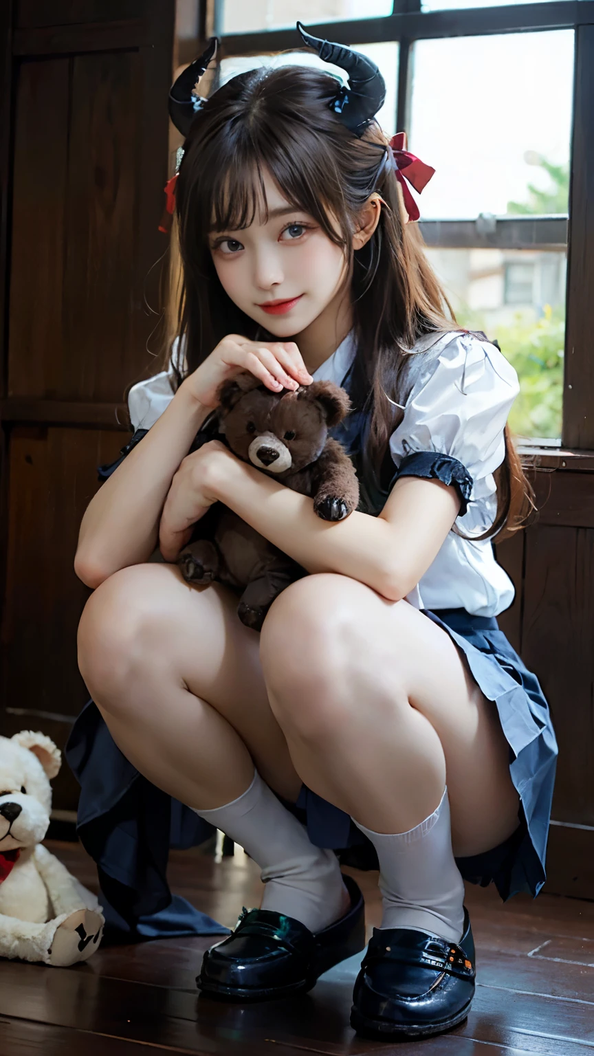 (((dark blue socks)), ((Horns)), succubi, succubu, hugging a teddy bear　((brown moccasins)) , ((White panties are visible))(Squatting panties photos)double eyelid　eyelash　beautiful detailed eyes、Ultra-detailed、Transcendent beauty　maximum quality、masterpiece、、(Japanese female school uniform))、very detailed expression　 classrooms　Highly detailed appearance　 16 years old、facing forward、((dynamic poses)))、pleated skirt、Ribbon 1,2 Superior Eyes Sexy A slight smile　low angles