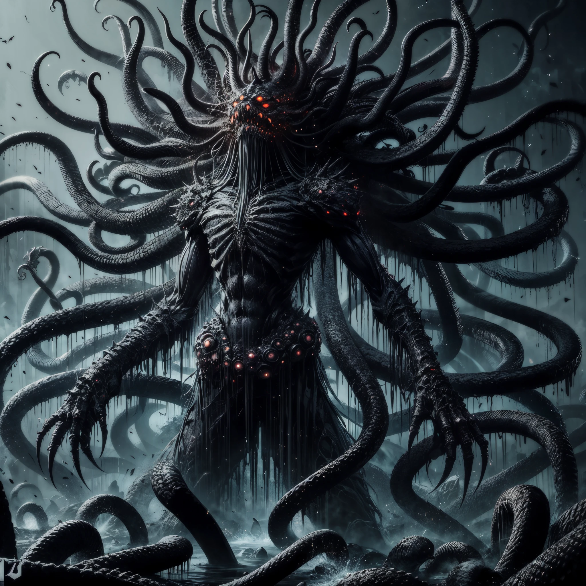 dark soul boss, Elden Ring style, HP.lovecraft,a terrific creature, an eldritch abomination, lots of long thick tentacles, countless mouth with sharp teeth, colossal shape, lots of glowing eyes,spike, scales,claws, chimera,horn, horror,wings,all combine together in the shape of a tall thin humanoid with snakes came from back, dark color, black energy mist,aura of death, all black, white eye snakes, holding a giant futuristic laser canon