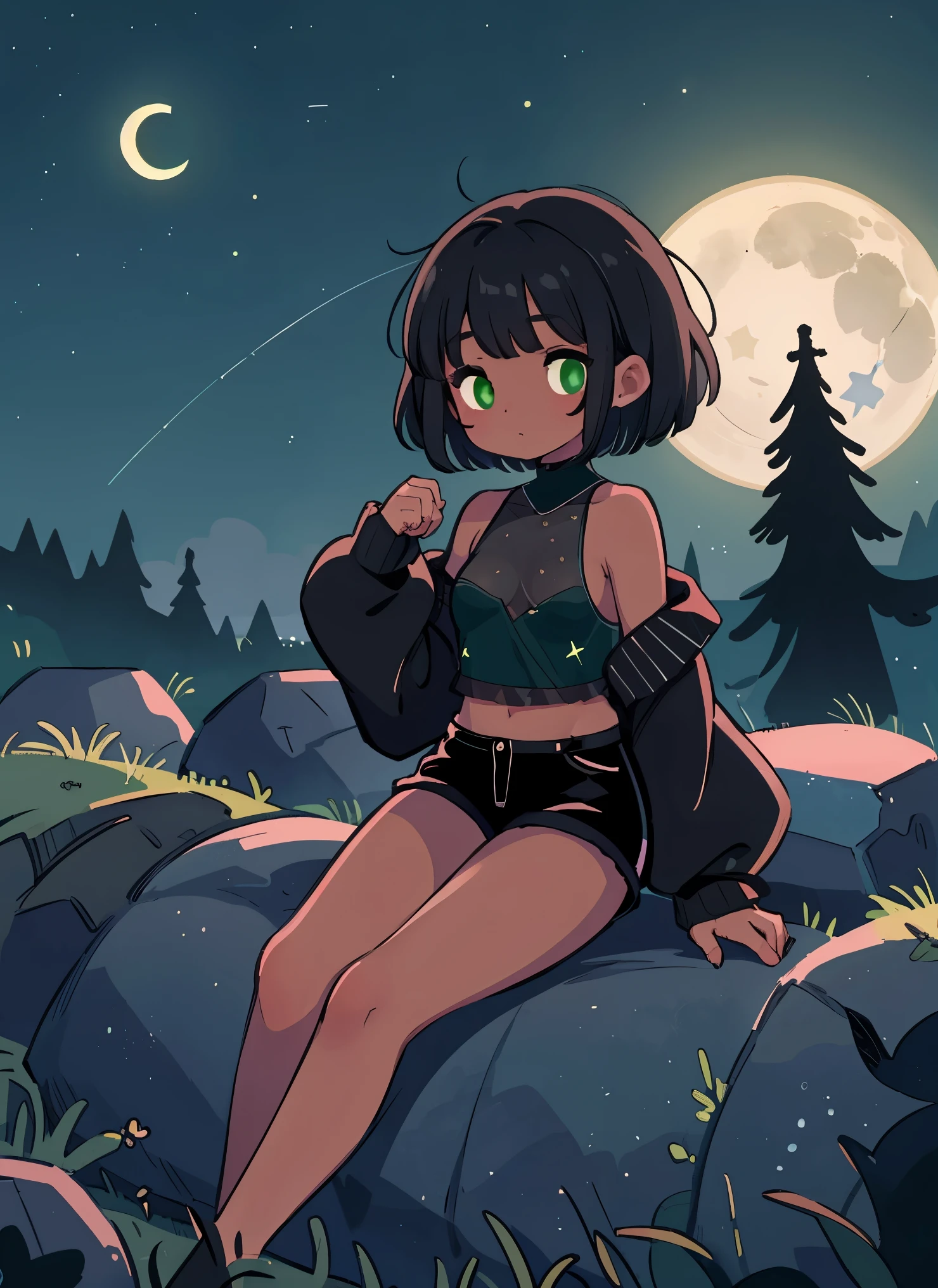 solo, Cute, , (()), Small breasts, big thighs, bare shoulder, ((Black skin)), Black skin, green eyes, black hair, short hair, Cold weather blouse, green cold weather , bare legs, glowing eyes, 4k, starry sky, night, Moon, Incredible eyes, Sitting, Black shorts, short shorts,