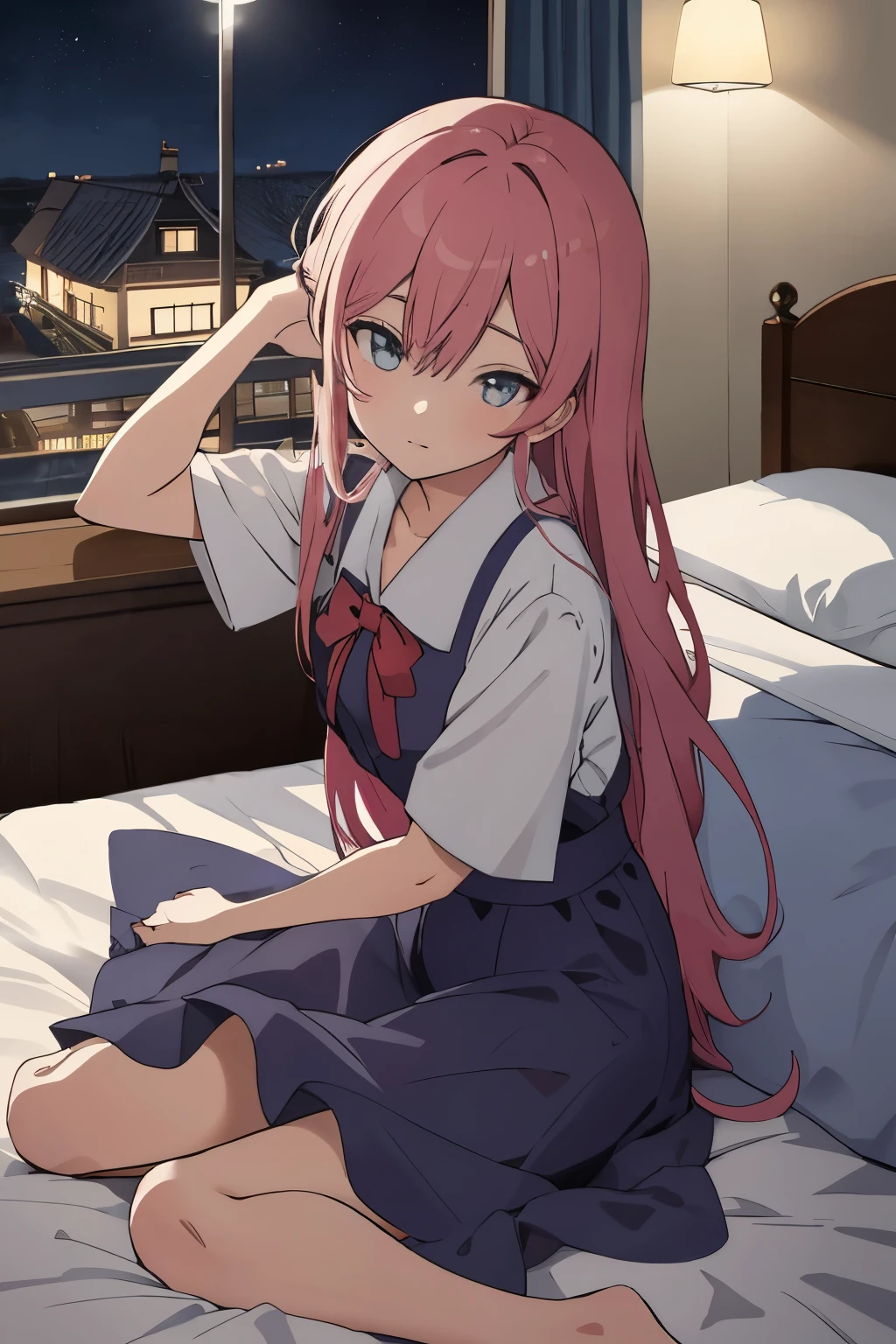 scene view,sky,anime style,on bed, house light ,night,, head rest, intense angle, curtsey,