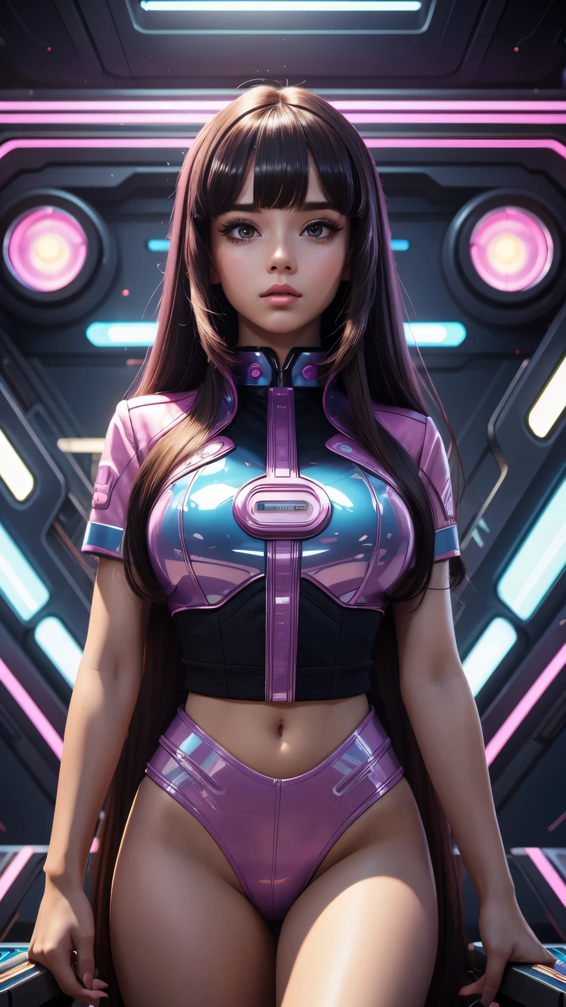 Masterpiece, Top Quality, Super Detail, 8K, 1girl, blunt bangs, long hair, vaportrap, retro-futurism background,
