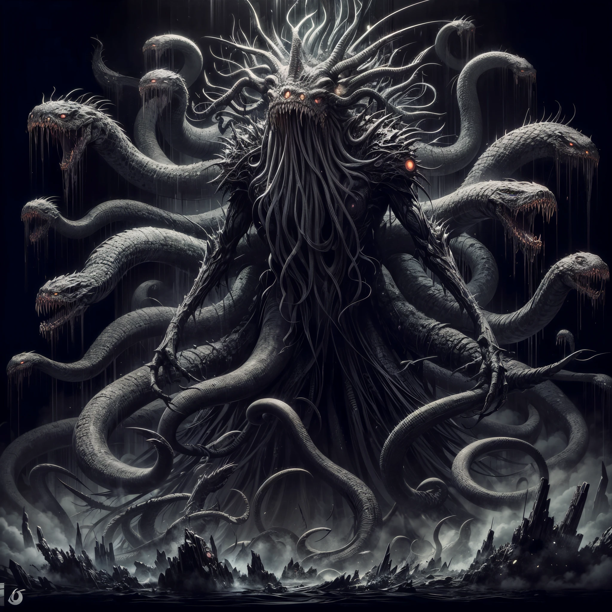 dark soul boss, Elden Ring style, HP.lovecraft,a terrific creature, an eldritch abomination, lots of long thick tentacles, countless mouth with sharp teeth, colossal shape, lots of glowing eyes,spike, scales,claws, chimera,horn, horror,wings,all combine together in the shape of a tall thin humanoid with snakes came from back, dark color, black energy mist,aura of death, all black, white eye snakes, holding a giant futuristic laser canon