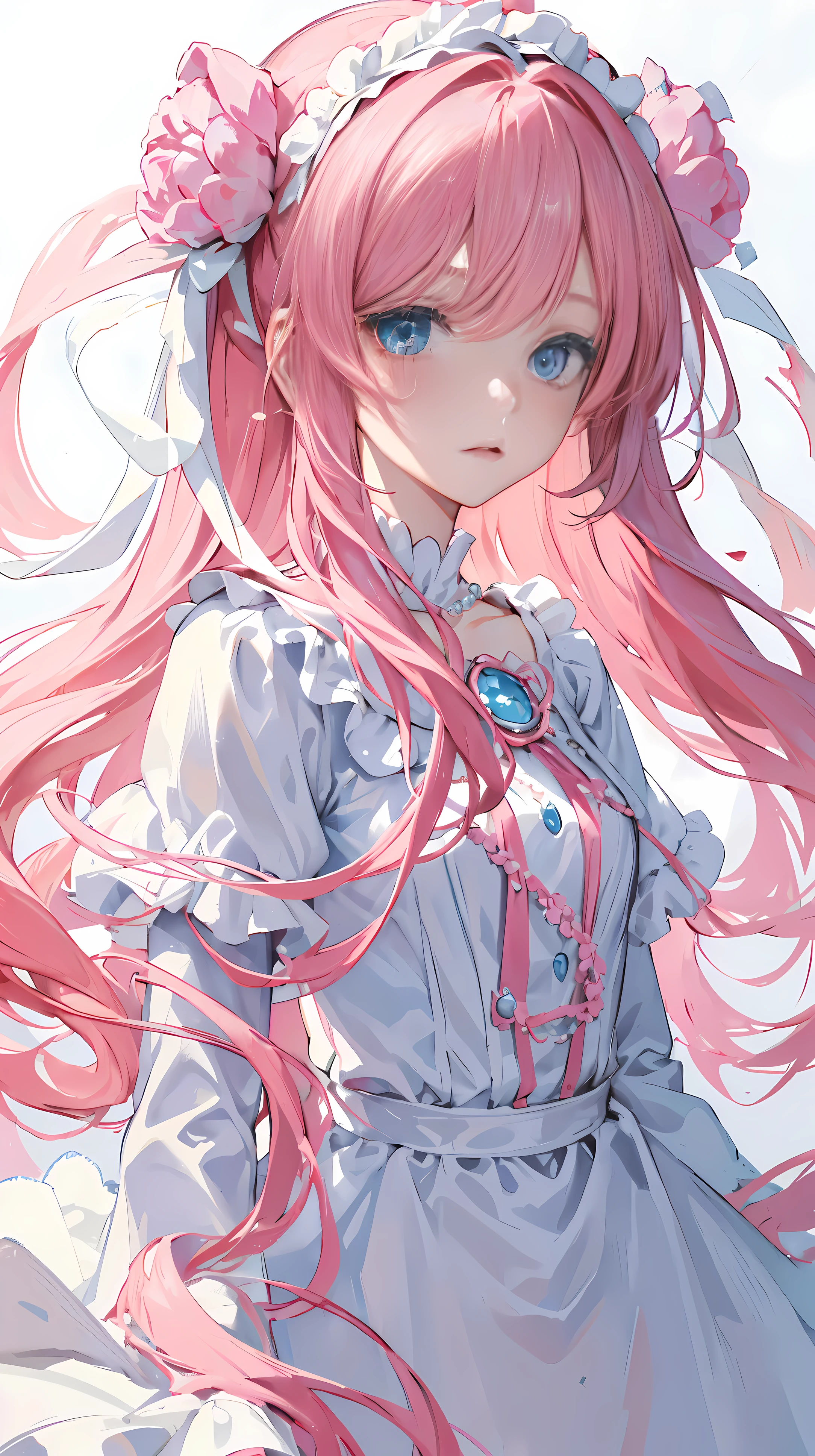 ((masterpiece)), high quality, super detailed, pink hair + White clothes: 1.2, sweet and delicate girl, Exquisite facial features, Perfect body, surrounded by roses, The colors are bright and bright, pearl white background, Romantic long hair, Natural light, warm and sweet, blue eyes, Floral hair ornaments.