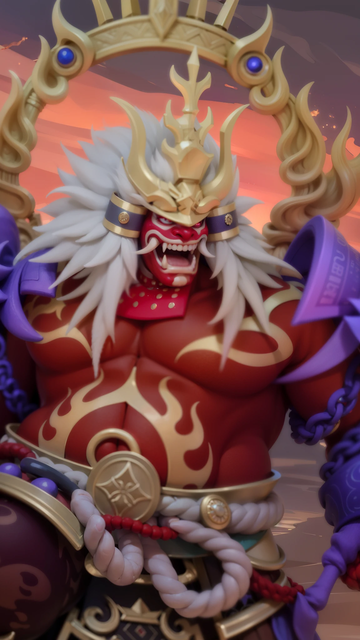 masculine male, masterpiece, ((perfect eyes)) best quality, (semirealism:1.9), beautiful lighting, (extremely detailed CG unity 4k fhd wallpaper), High Detail, Sharp focus, dramatic outdoors,40 years old, brown short hair, blue eyes, smile, Boy with two big horns, big earrings on ears, elf ear, red eyes, Thick eyebrows, evil smile, grinning,red body, red face, Burning skin, yellow diamonds glistening on chest, burning red skin,golden robe behind, big white belt , 8k , realistic, scary.