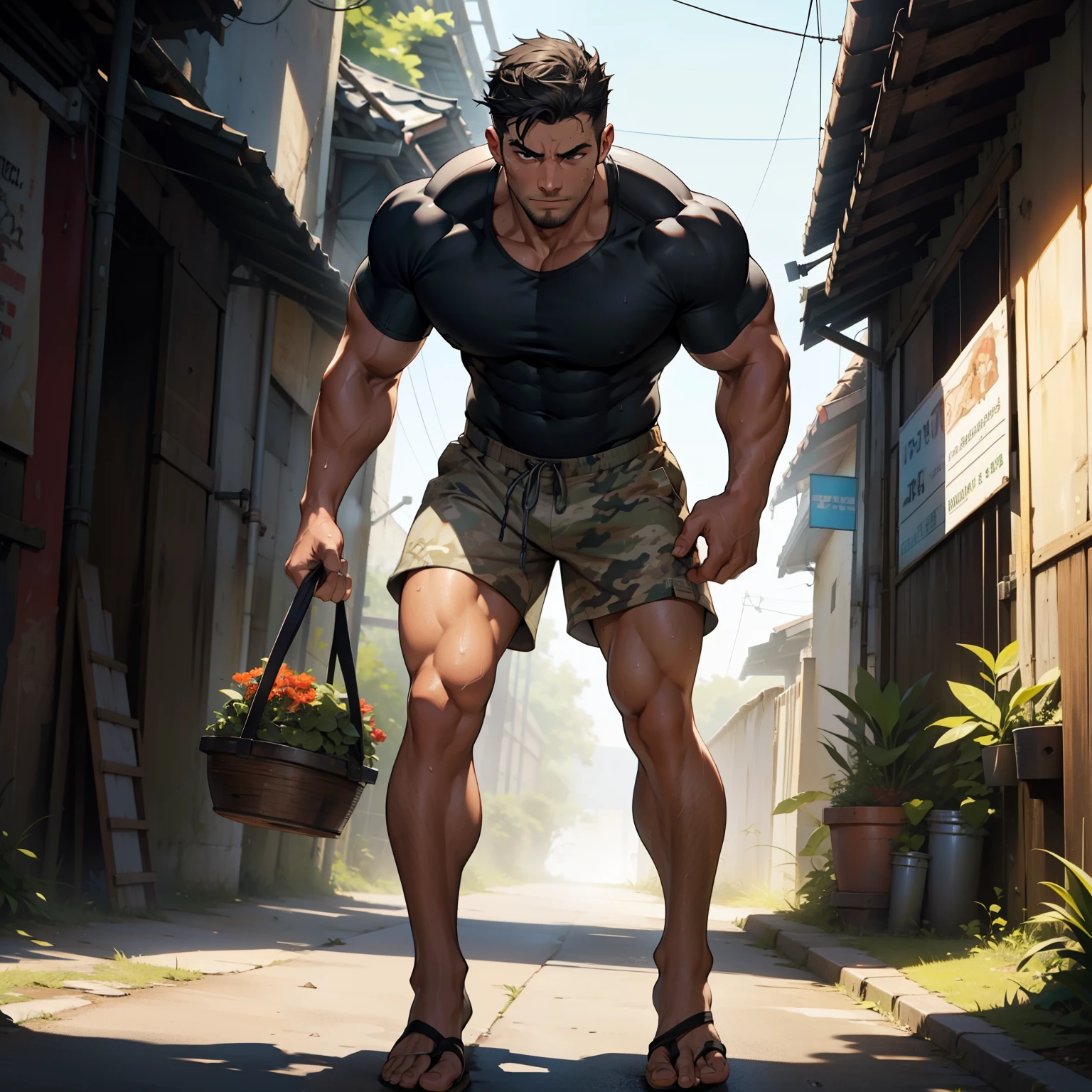 ((Best Quality)), only man, a sweaty male, sexy short hair, a lot of hair on legs and armpits, posing his muscles standing in the square, shirtless, with tight boxers on, revealing a big bulge NSFW.