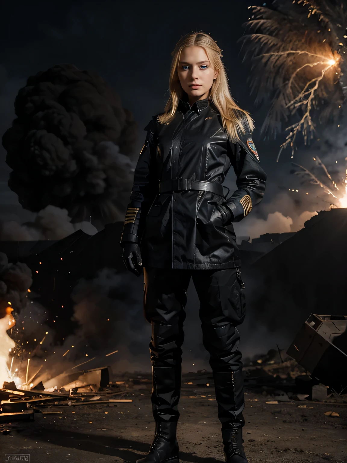 a portrait of a blonde with slavic features and blue eyes dressed in a black military suit posing for a photograph in front of an explosion, foto de cuerpo completo, ojos perfectamente detallados, Manos perfectamente detalladas