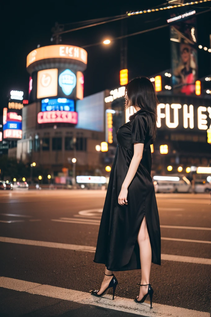 (Cinematic Aesthetic:1.4) Photo of a beautiful korean fashion model bokeh city night,cleevage dress,full sleeve dress, disgin,attractive girl,wearing chain on hands,long maxi long as foot,loose dress,black silky dress,plain black gown,long dress,puffed dress fabric,glammer girl attractive with breast,jeans shorts and black stockings