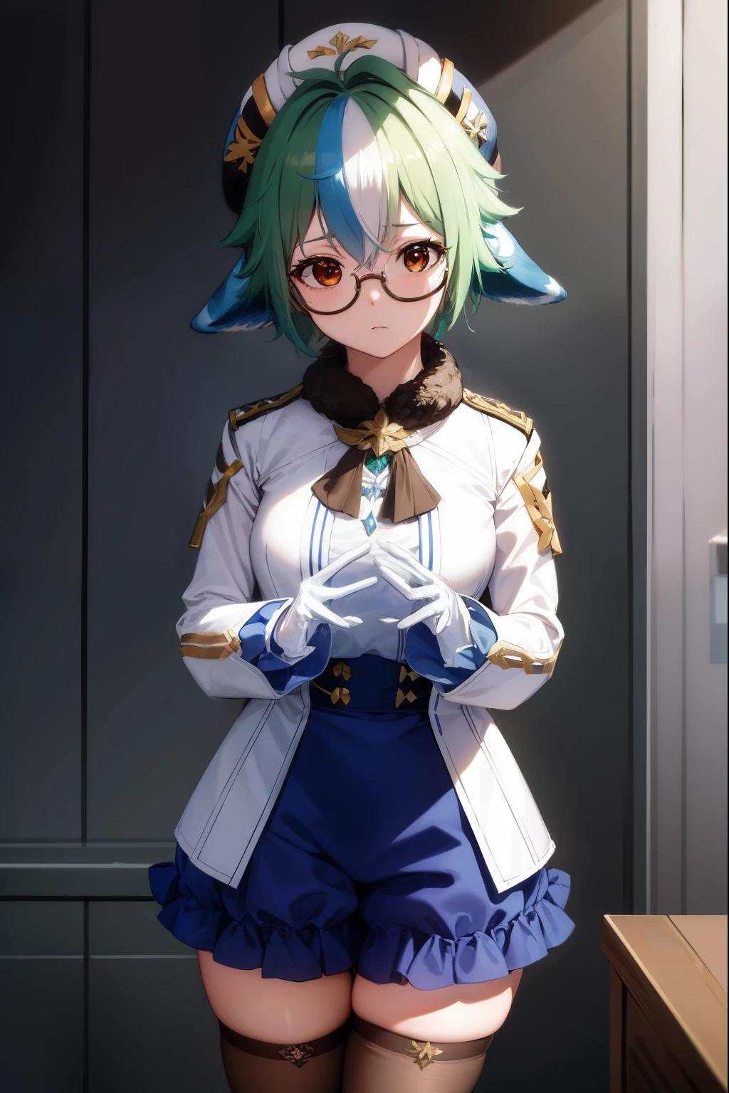 sucrose, sucrose, ahoge, animal ears, (brown eyes:1.5), glasses, gradient hair, hair between eyes, messy hair, multicolored hair, semi-rimless eyewear, short hair, green hair, embarrassed,
BREAK frills, fur collar, gem, gloves, green thighhighs, long sleeves, thighhighs, white headwear, zettai ryouiki, skirt, blue skirt,
BREAK indoors, laboratory,
BREAK looking at viewer, (cowboy shot:1.5),
BREAK (masterpiece:1.2), best quality, high resolution, unity 8k wallpaper, (illustration:0.8), (beautiful detailed eyes:1.6), extremely detailed face, perfect lighting, extremely detailed CG, (perfect hands, perfect anatomy),