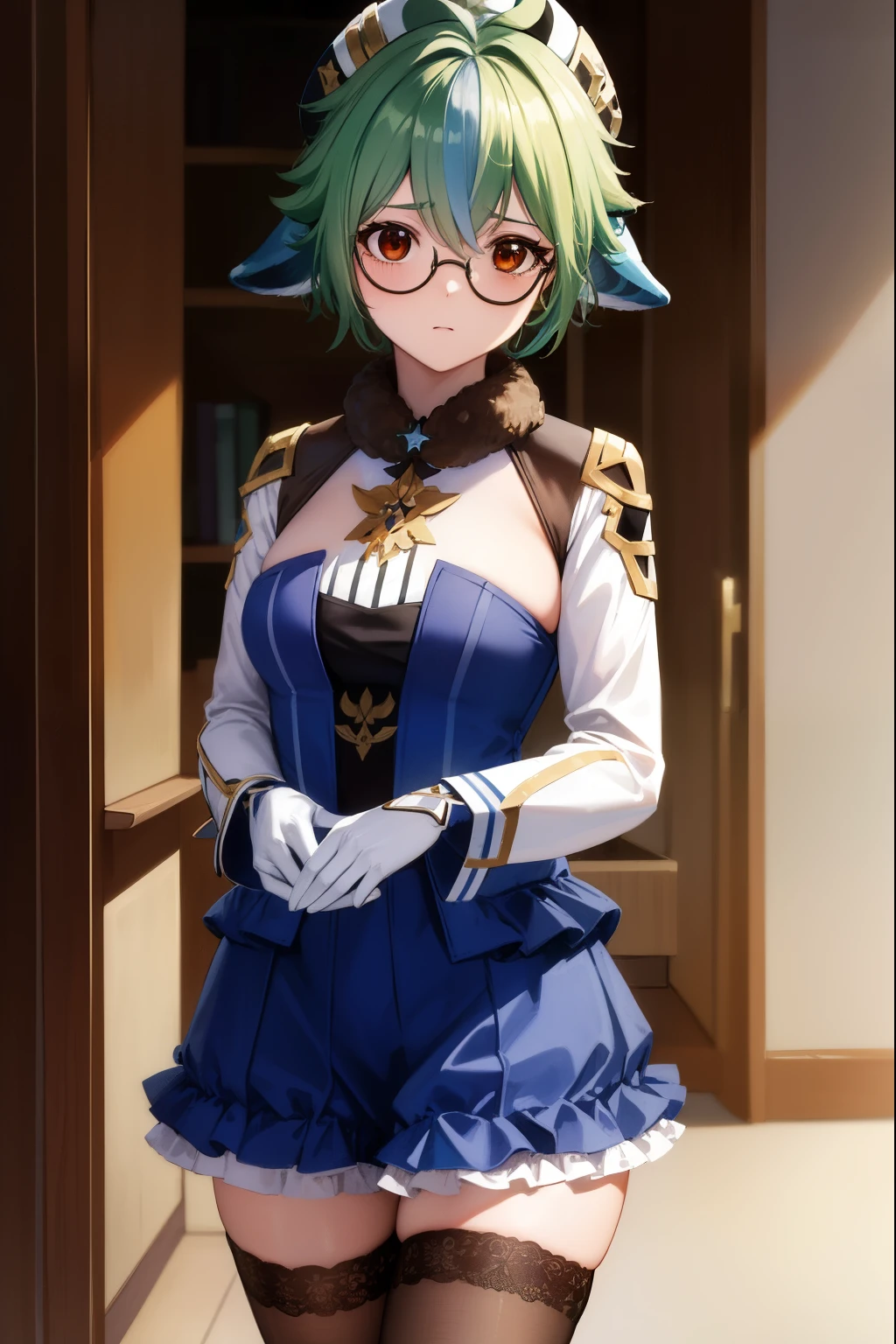 sucrose, sucrose, ahoge, animal ears, (brown eyes:1.5), glasses, gradient hair, hair between eyes, messy hair, multicolored hair, semi-rimless eyewear, short hair, green hair, embarrassed,
BREAK frills, fur collar, gem, gloves, green thighhighs, long sleeves, thighhighs, white headwear, zettai ryouiki, skirt, blue skirt,
BREAK indoors, laboratory,
BREAK looking at viewer, (cowboy shot:1.5),
BREAK (masterpiece:1.2), best quality, high resolution, unity 8k wallpaper, (illustration:0.8), (beautiful detailed eyes:1.6), extremely detailed face, perfect lighting, extremely detailed CG, (perfect hands, perfect anatomy),