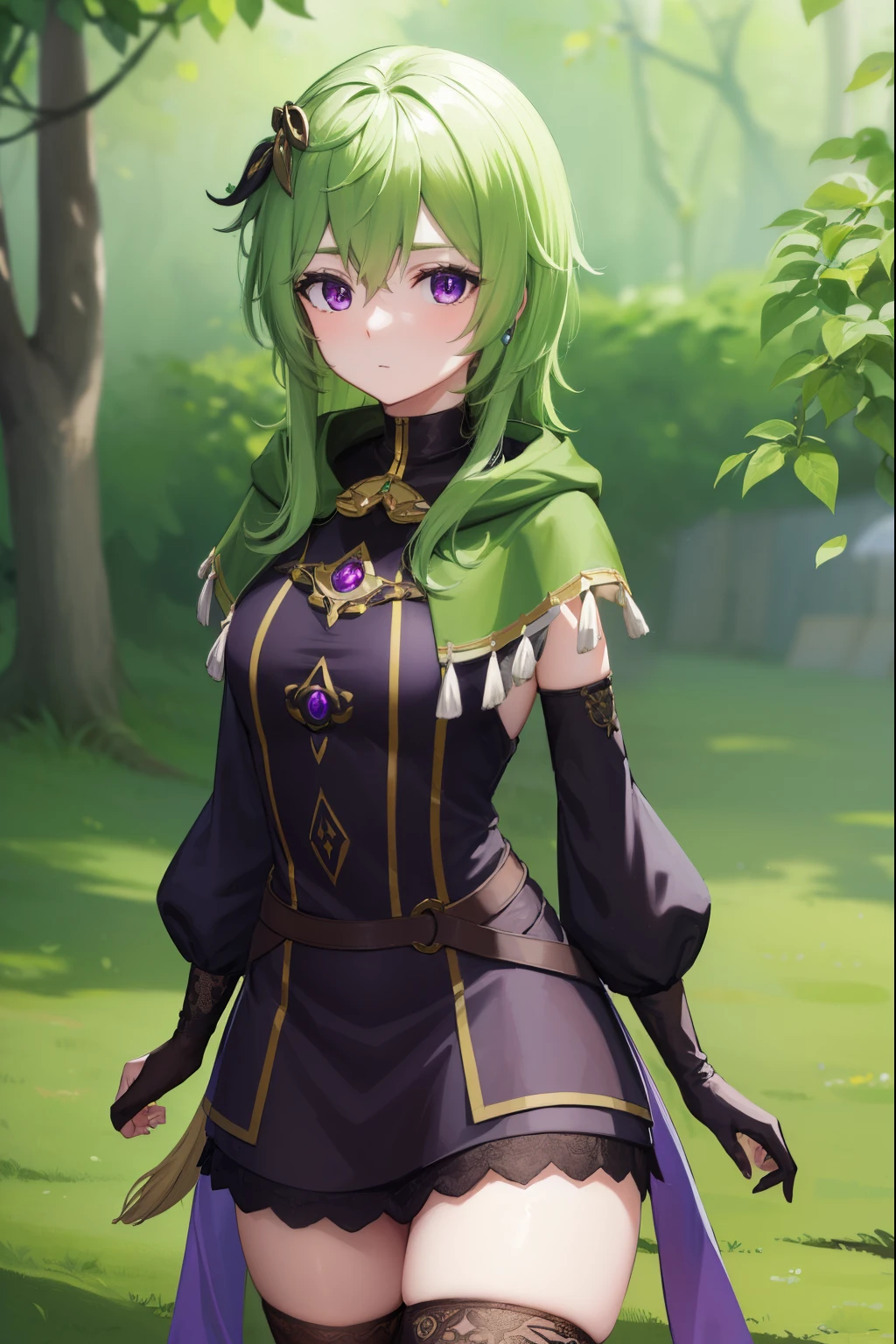 collei, collei, crossed bangs, green hair, hair ornament, medium hair, (purple eyes:1.1), sidelocks,
BREAK black gloves, black skirt, black straps, bridal gauntlets, brown thighhighs, capelet, detached sleeves, gem, gloves, green capelet, green gemstone, jewelry, long sleeves, puffy long sleeves, puffy sleeves, shirt, skirt, sleeveless, sleeveless shirt, thighhighs, zettai ryouiki
BREAK outdoors, nature, forest,
BREAK looking at viewer, (cowboy shot:1.5),
BREAK (masterpiece:1.2), best quality, high resolution, unity 8k wallpaper, (illustration:0.8), (beautiful detailed eyes:1.6), extremely detailed face, perfect lighting, extremely detailed CG, (perfect hands, perfect anatomy),