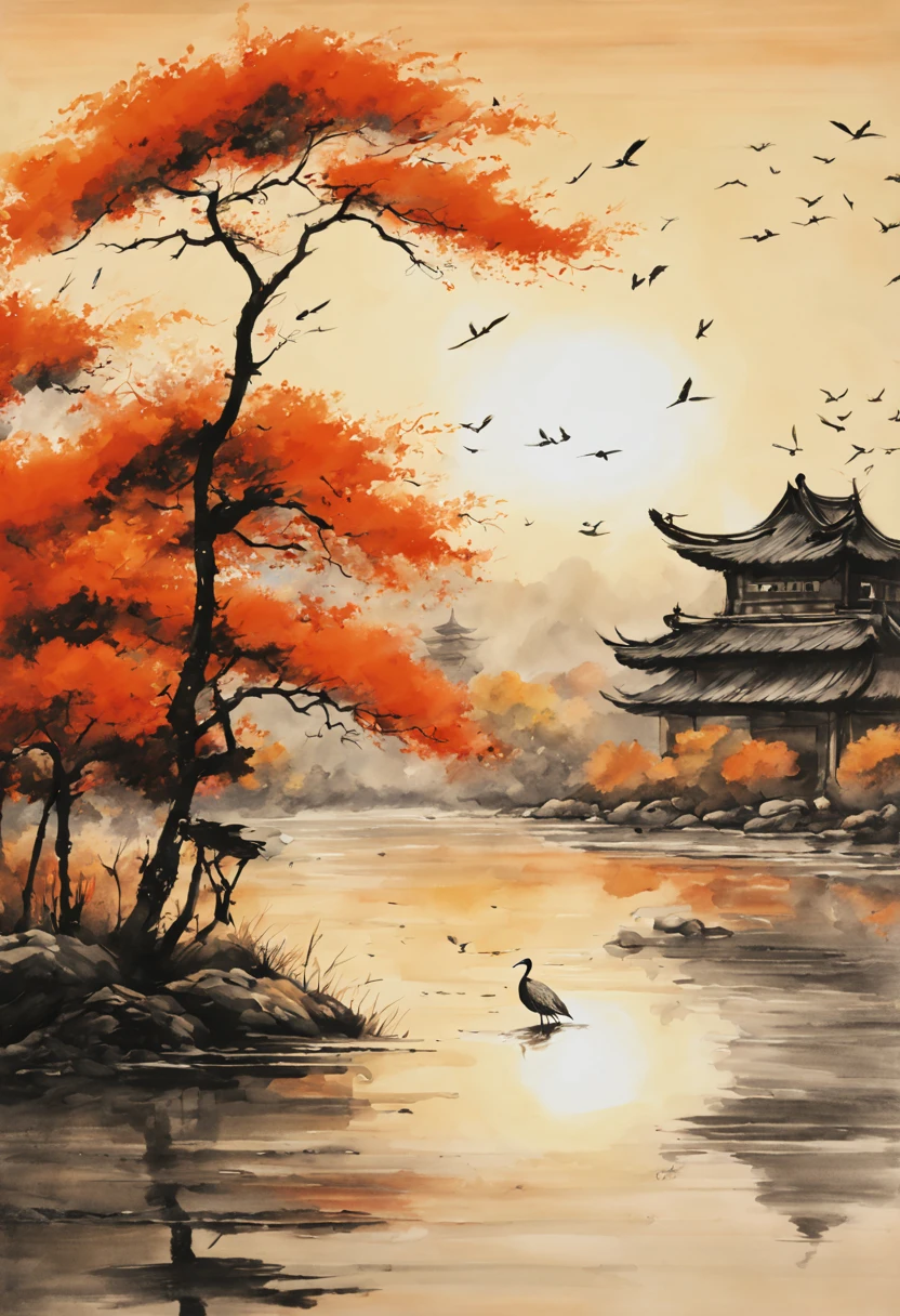China ink painting,ink,The sunset and the solitary crane fly together,The autumn water is the same for a long time,The beauty of ancient poetry,the setting sun,Wild geese in the sky in the distance,Ancient buildings are scattered