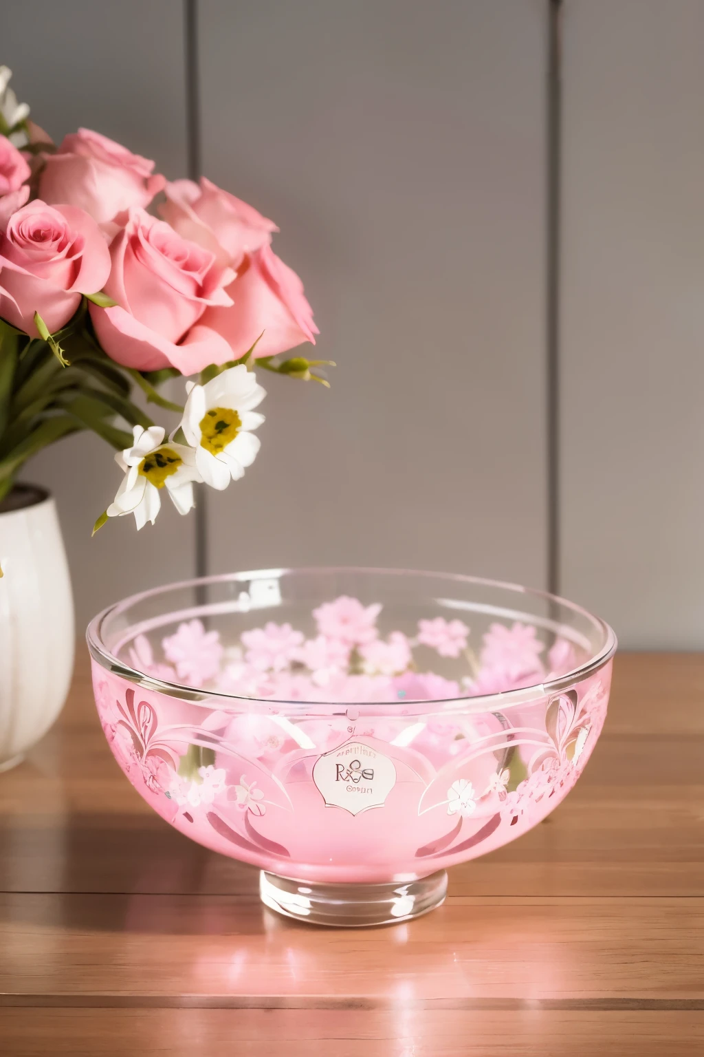 Masterpiece-level 3D creation, a round transparent glass plaque standing proudly on a wooden stand. The intricately designed surface features a beautiful text inscription 'AISYAH' in elegant pink letters that radiate a warm glow. Surrounding the name are delicately crafted images of roses in full bloom and graceful butterflies flitting about. A bee, symbolizing hard work and industry, adds a touch of whimsy to the scene. The background is a soft, soothing gray, providing ample contrast to the vibrant pink text and vibrant floral and fauna motifs. (perfect_detail:1.4), (ultra_high_
