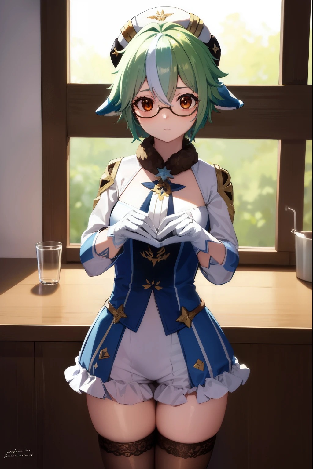 sucrose, sucrose, ahoge, animal ears, (brown eyes:1.5), glasses, gradient hair, hair between eyes, messy hair, multicolored hair, semi-rimless eyewear, short hair, green hair, embarrassed,
BREAK frills, fur collar, gem, gloves, green thighhighs, long sleeves, thighhighs, white headwear, zettai ryouiki, skirt, blue skirt,
BREAK indoors, laboratory,
BREAK looking at viewer, (cowboy shot:1.5),
BREAK (masterpiece:1.2), best quality, high resolution, unity 8k wallpaper, (illustration:0.8), (beautiful detailed eyes:1.6), extremely detailed face, perfect lighting, extremely detailed CG, (perfect hands, perfect anatomy),