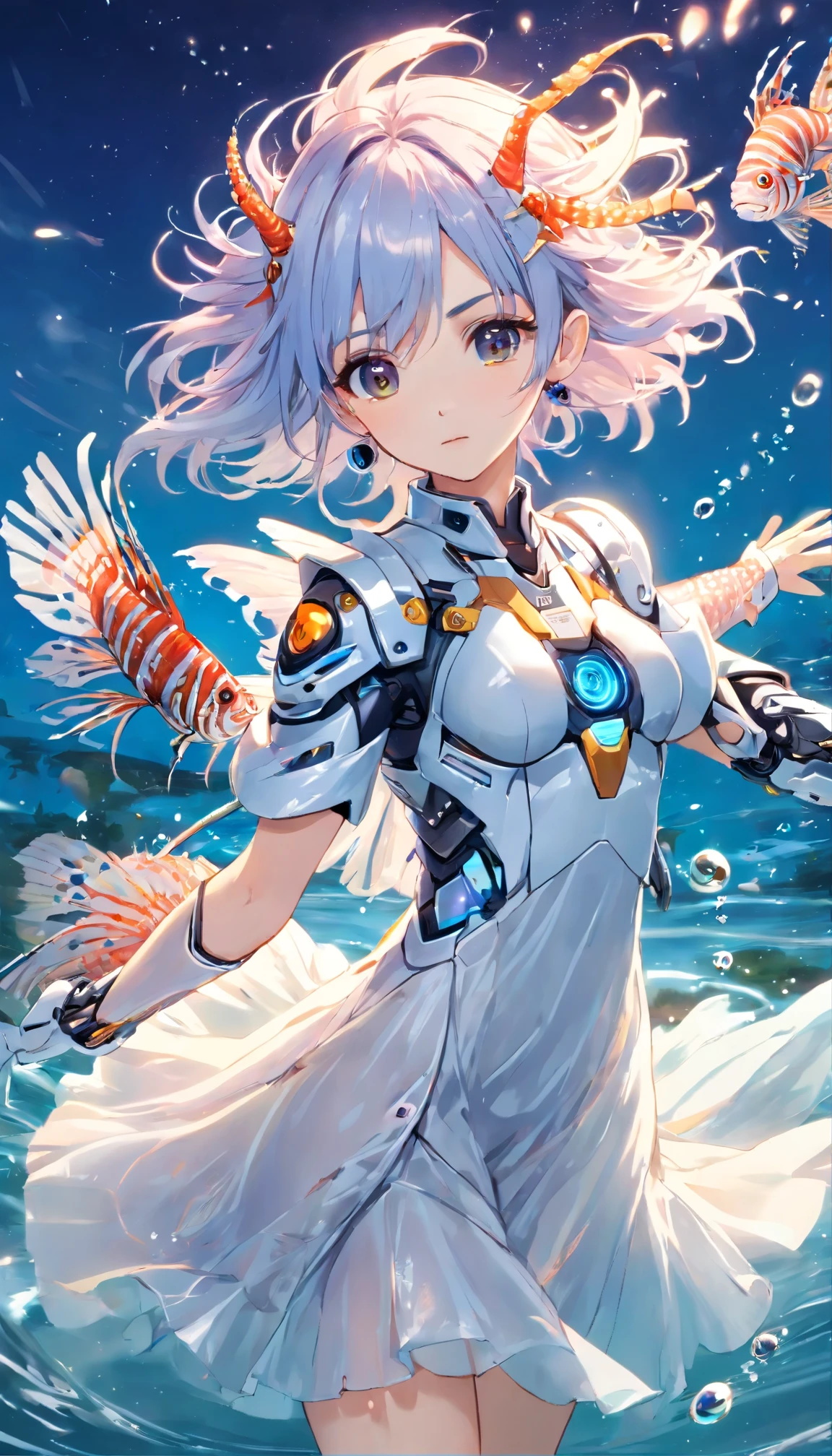 (Cyber mecha lionfish:1.5), (Extremely detailed CG unified 16K wallpaper:1.1), (Noise Removal Strength: 1.45), (tmasterpiece:1.37), (摆出whole body的姿势:1.4:), full length, dynamic angle, starry sky, Realistic texture, Side lighting, spark, glowing light, Ray tracing, ((masterpiece)), (masterpiece), best quality, ultra high definition{{{masterpiece}}}, {{best quality, Super exquisite illustrations , Beautiful and delicate water,best quality grass}}. ((beautiful eyes)),{ The light is very delicate, Perfect and delicate limbs}, {nature, , water spray},{{ fine glow ,Very beautiful 8K CG wallpaper}},lilac eyes, Pupils in pink color, whole body, white hair, Bright Eyes,( (An extremely delicate and beautiful girl)), ((1 girl)), medium bust, dynamic angle, (White dress with gold accents), (long hair flowing with the wind, beautiful hair ornaments, delicate wet dress, national foundation, breeze, Long bangs between the eyes), Pleated skirt, (Idle, cute big eyes),messy_hair,Alipay,horizontal braids,(Tulle lace white dress) flowers and grass, near the water edge, ((Sunset, starry sky围成一圈), randomly distributed clouds, (((river))), splash, falling petals