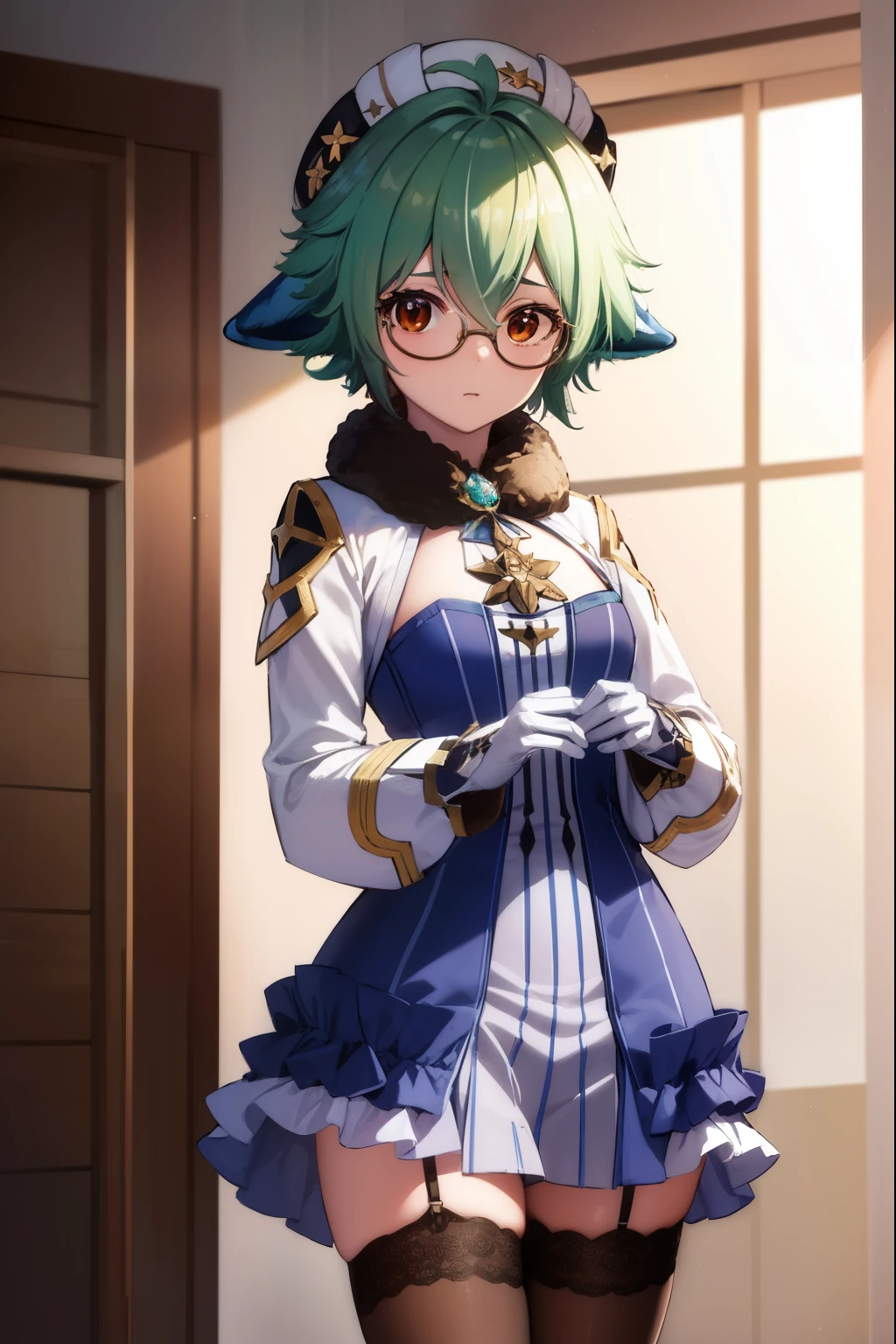 sucrose, sucrose, ahoge, animal ears, (brown eyes:1.5), glasses, gradient hair, hair between eyes, messy hair, multicolored hair, semi-rimless eyewear, short hair, green hair, embarrassed,
BREAK frills, fur collar, gem, gloves, green thighhighs, long sleeves, thighhighs, white headwear, zettai ryouiki, skirt, blue skirt,
BREAK indoors, laboratory,
BREAK looking at viewer, (cowboy shot:1.5),
BREAK (masterpiece:1.2), best quality, high resolution, unity 8k wallpaper, (illustration:0.8), (beautiful detailed eyes:1.6), extremely detailed face, perfect lighting, extremely detailed CG, (perfect hands, perfect anatomy),