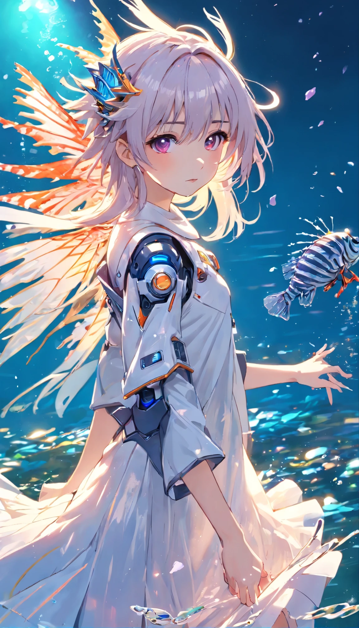 (Cyber mecha lionfish:1.5), (Extremely detailed CG unified 16K wallpaper:1.1), (Noise Removal Strength: 1.45), (tmasterpiece:1.37), (摆出whole body的姿势:1.4:), full length, dynamic angle, starry sky, Realistic texture, Side lighting, spark, glowing light, Ray tracing, ((masterpiece)), (masterpiece), best quality, ultra high definition{{{masterpiece}}}, {{best quality, Super exquisite illustrations , Beautiful and delicate water,best quality grass}}. ((beautiful eyes)),{ The light is very delicate, Perfect and delicate limbs}, {nature, , water spray},{{ fine glow ,Very beautiful 8K CG wallpaper}},lilac eyes, Pupils in pink color, whole body, white hair, Bright Eyes,( (An extremely delicate and beautiful girl)), ((1 girl)), medium bust, dynamic angle, (White dress with gold accents), (long hair flowing with the wind, beautiful hair ornaments, delicate wet dress, national foundation, breeze, Long bangs between the eyes), Pleated skirt, (Idle, cute big eyes),messy_hair,Alipay,horizontal braids,(Tulle lace white dress) flowers and grass, near the water edge, ((Sunset, starry sky围成一圈), randomly distributed clouds, (((river))), splash, falling petals