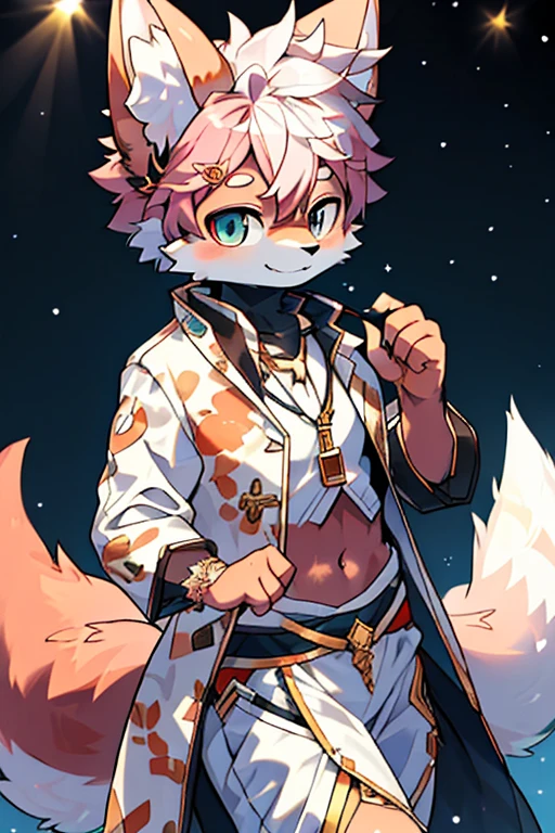 The lighting is perfect，light particles，（best quality），（masterpiece），（Super detailed），sharp focus，light particles，Pink fox，White clothing，White pattern，_exist肚子上，navel-baring outfit，Negi，Eyegod，blue_Eye，watching_exist_audience，Smile，alone，hairy，animal_ear_fluff，Open_clothing，Golden necklace，demon，，female
