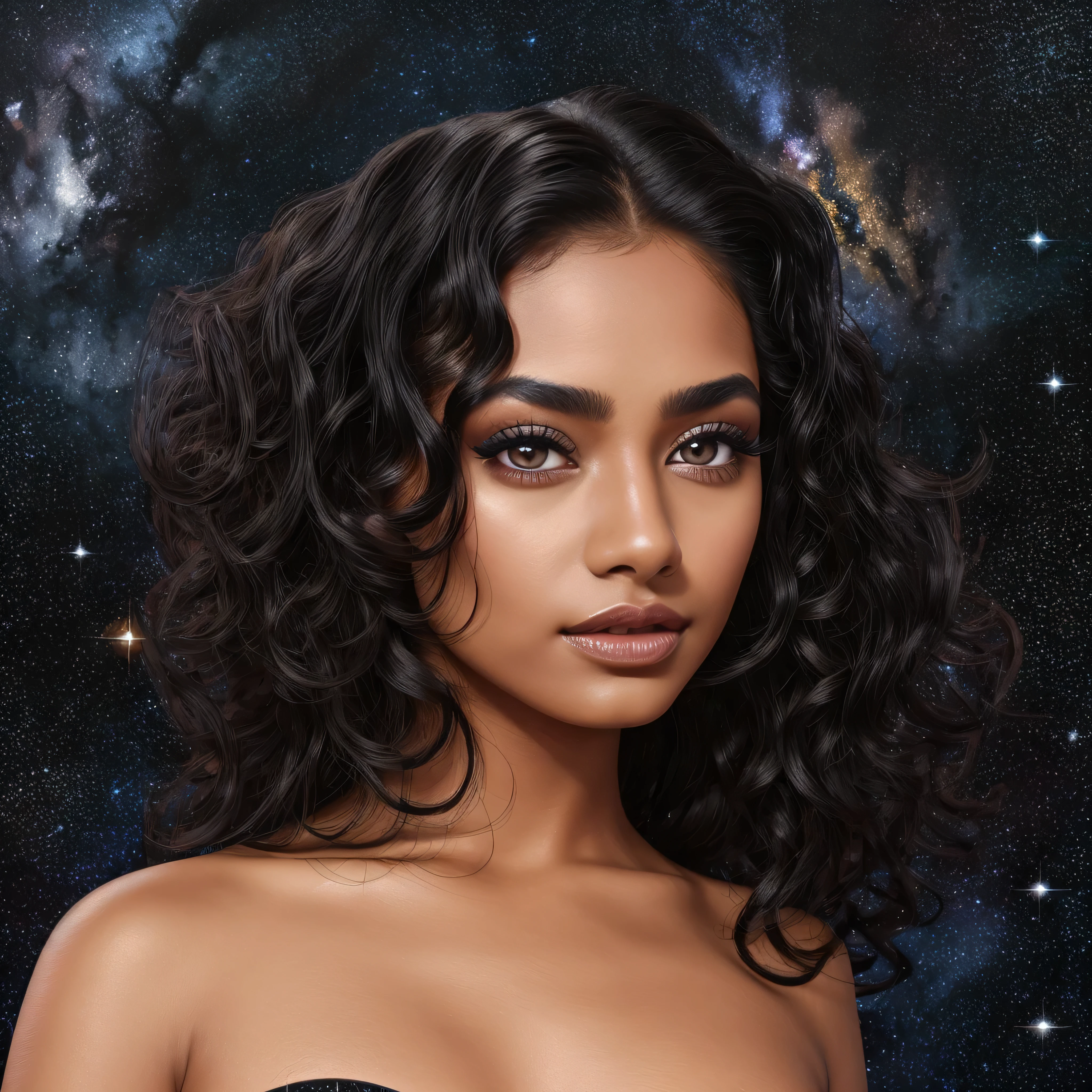 a girl average skin tone in a black dress with her curly hair filled by galaxy, oil painting, lindos olhos detalhados, beautiful full lips and nose piercing , Rosto extremamente detalhado, long eyelashes, average:oil painting, fundo da noite estrelada, estrelas brilhantes, melhor qualidade, high resolution, Foto-realista, cores vibrantes, soft lighting.