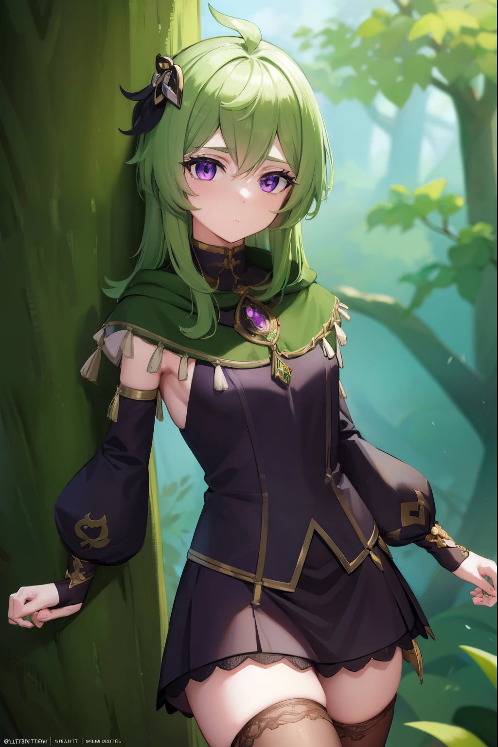 collei, collei, crossed bangs, green hair, hair ornament, medium hair, (purple eyes:1.1), sidelocks,
BREAK black gloves, black skirt, black straps, bridal gauntlets, brown thighhighs, capelet, detached sleeves, gem, gloves, green capelet, green gemstone, jewelry, long sleeves, puffy long sleeves, puffy sleeves, shirt, skirt, sleeveless, sleeveless shirt, thighhighs, zettai ryouiki
BREAK outdoors, nature, forest,
BREAK looking at viewer, (cowboy shot:1.5),
BREAK (masterpiece:1.2), best quality, high resolution, unity 8k wallpaper, (illustration:0.8), (beautiful detailed eyes:1.6), extremely detailed face, perfect lighting, extremely detailed CG, (perfect hands, perfect anatomy),