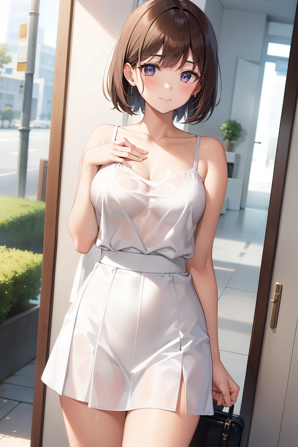 150cmD cup short hair white blouse The blouse is sheer The camisole is slightly visible through the blouse. brown hair look at the camera Take-out Protect yourself from rain high school girl 12 Yin Zicai smile whole body The feeling of beautiful human skin mini skirt thin legs